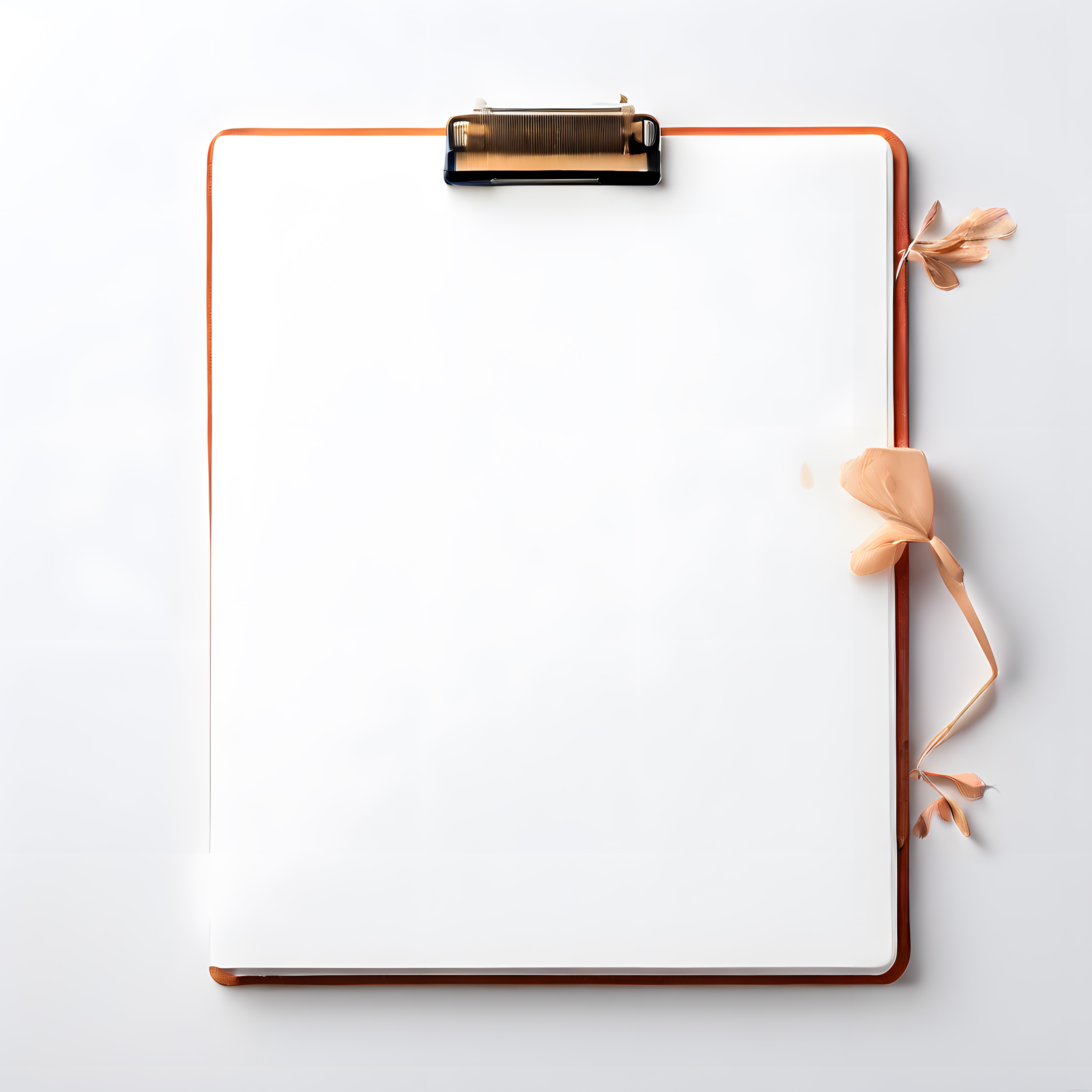 Şık altın klipsli clipboard ve kurutulmuş çiçeklerle minimal ofis arka planı