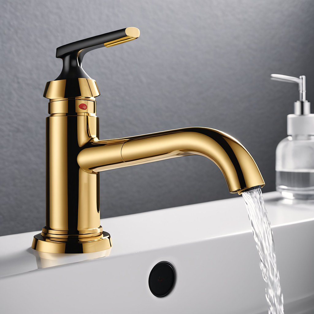 Şık altın siyah detaylı lüks banyo lavabo musluğu ve modern dekorasyon