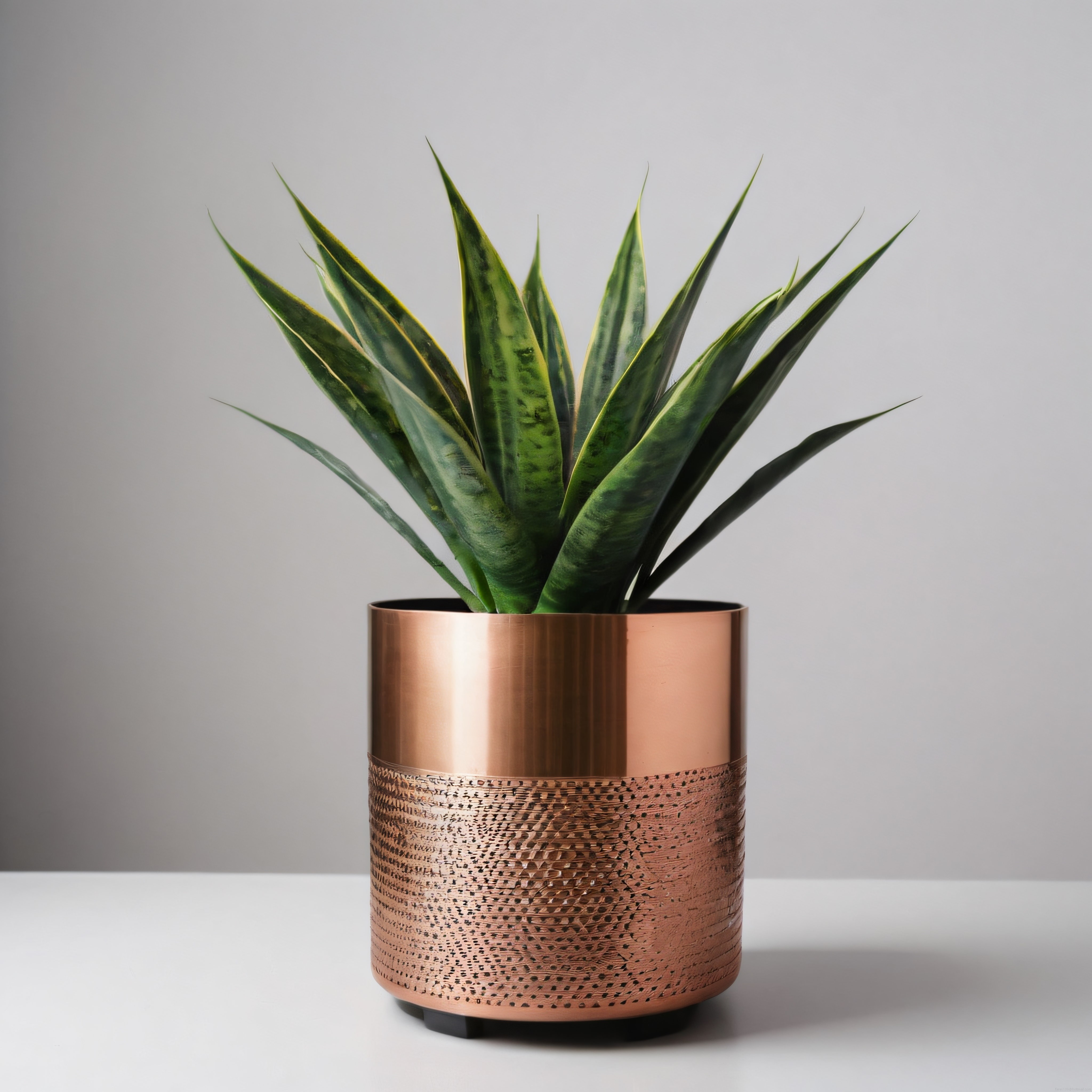 şık bakır örgü desenli modern saksıda canlı sansevieria bitkisi dekorasyonu