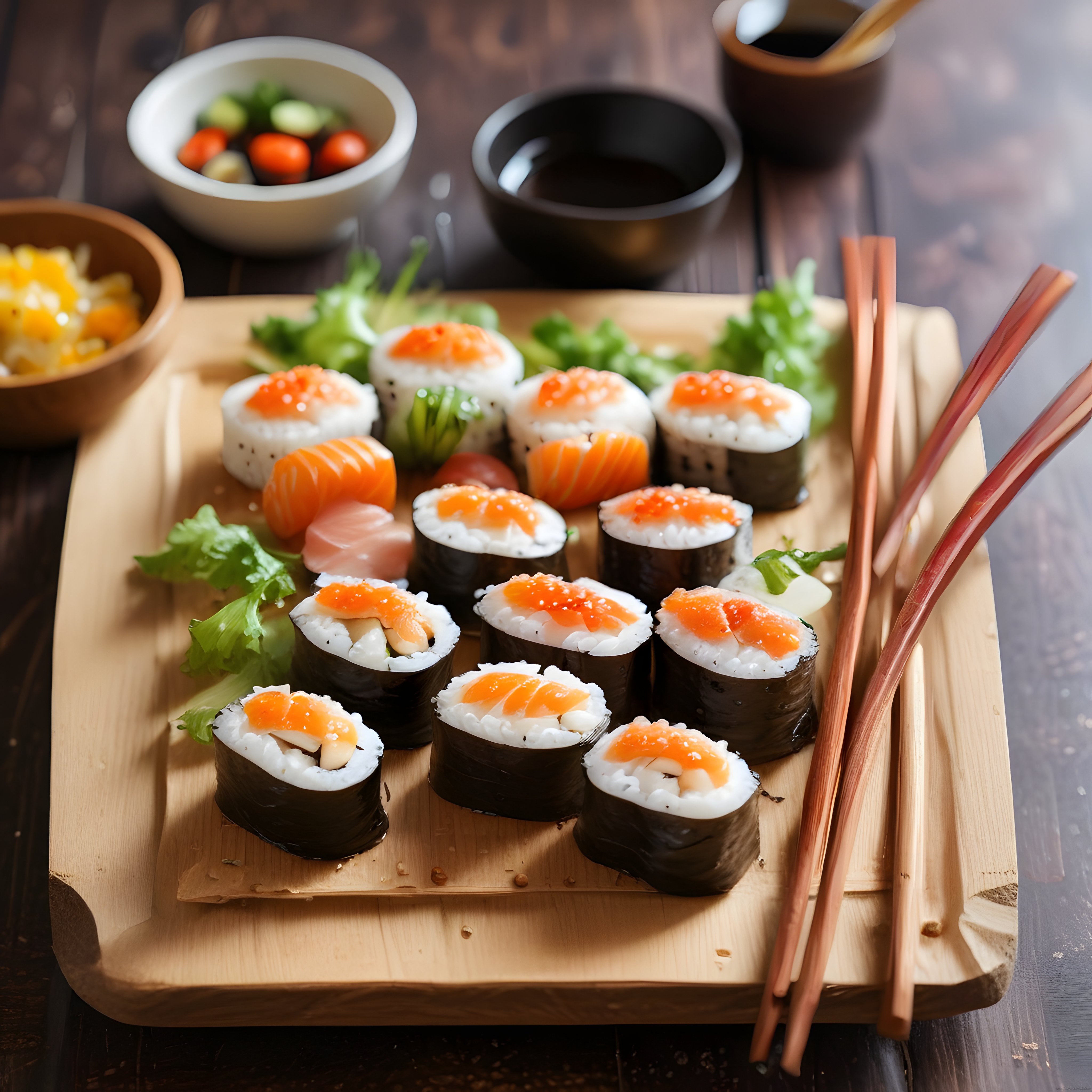 Şık Bambu Sunum Tahtasında Taze Somonlu ve Kırmızı Havyarlı Sushi Keyfi