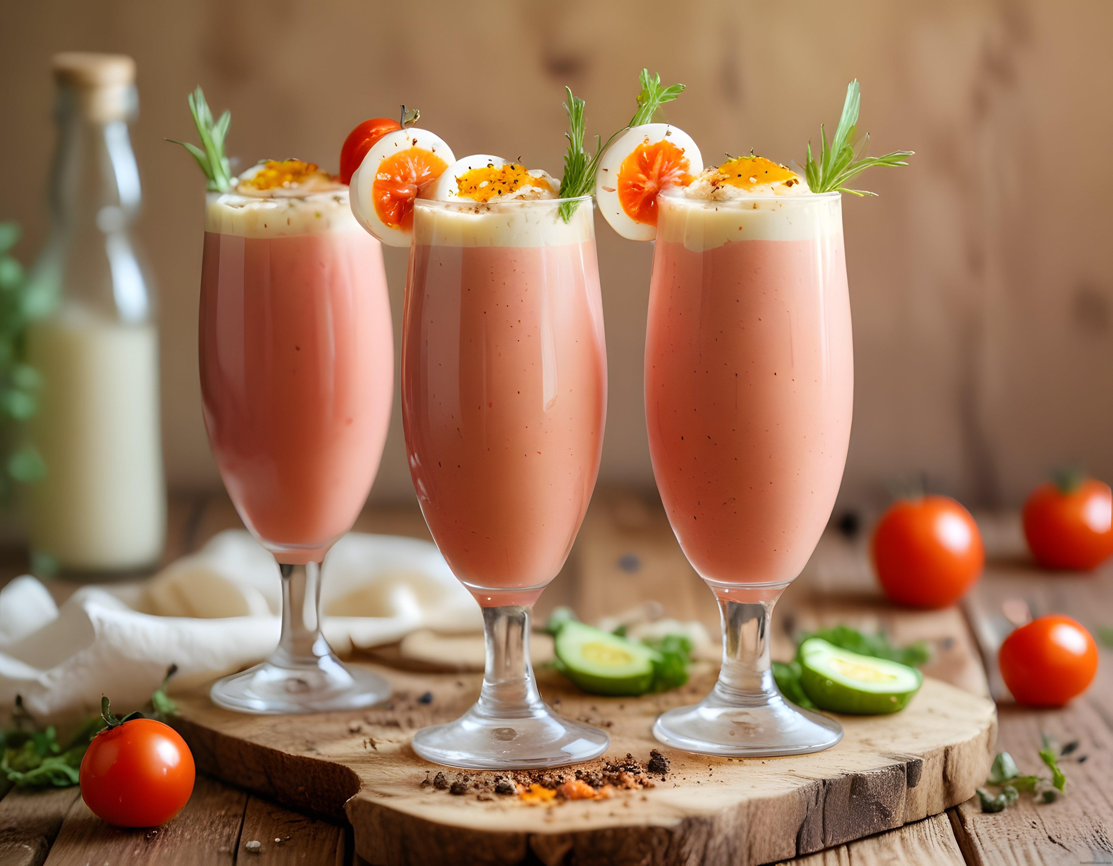 Şık Bardaklarda Yumurta ve Domates ile Süslenmiş Ev Yapımı Pembe Kokteyl