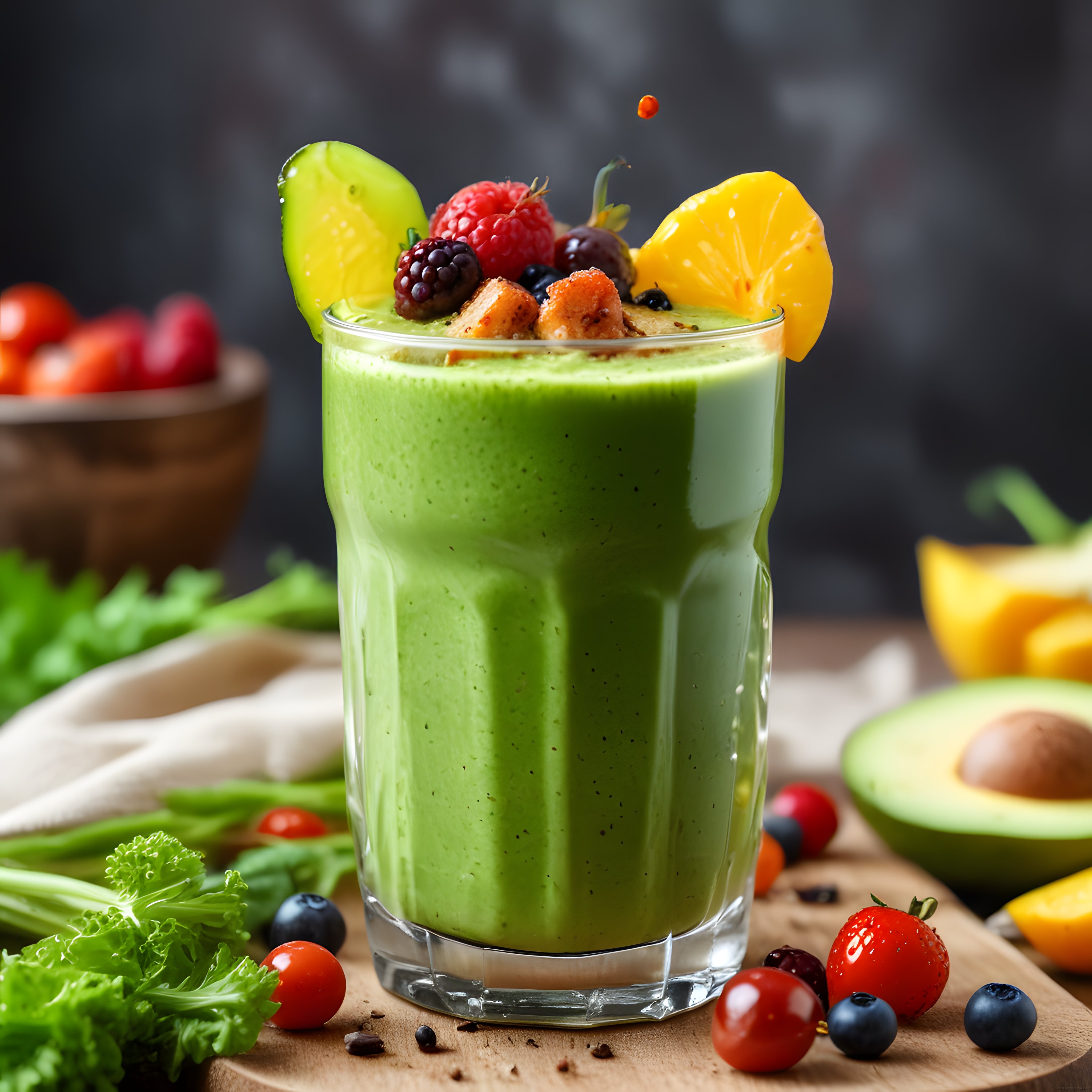 Şık Bardakta Avokado ve Orman Meyveliyle Süslenmiş Taze Yeşil Detoks Smoothie