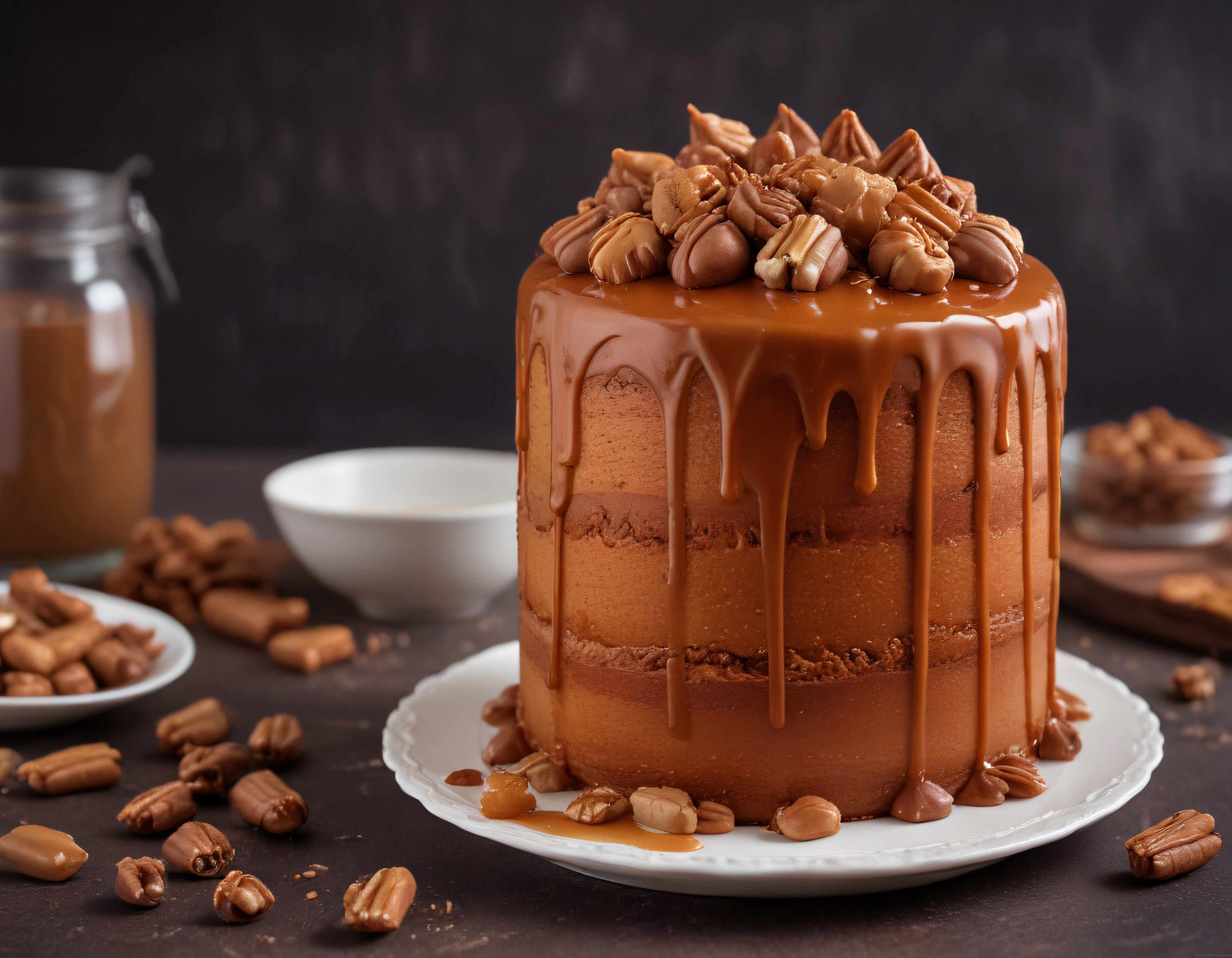 Şık Karamel Damlalı Çikolatalı Pasta ve Kavrulmuş Pekan Cevizi Süsleme