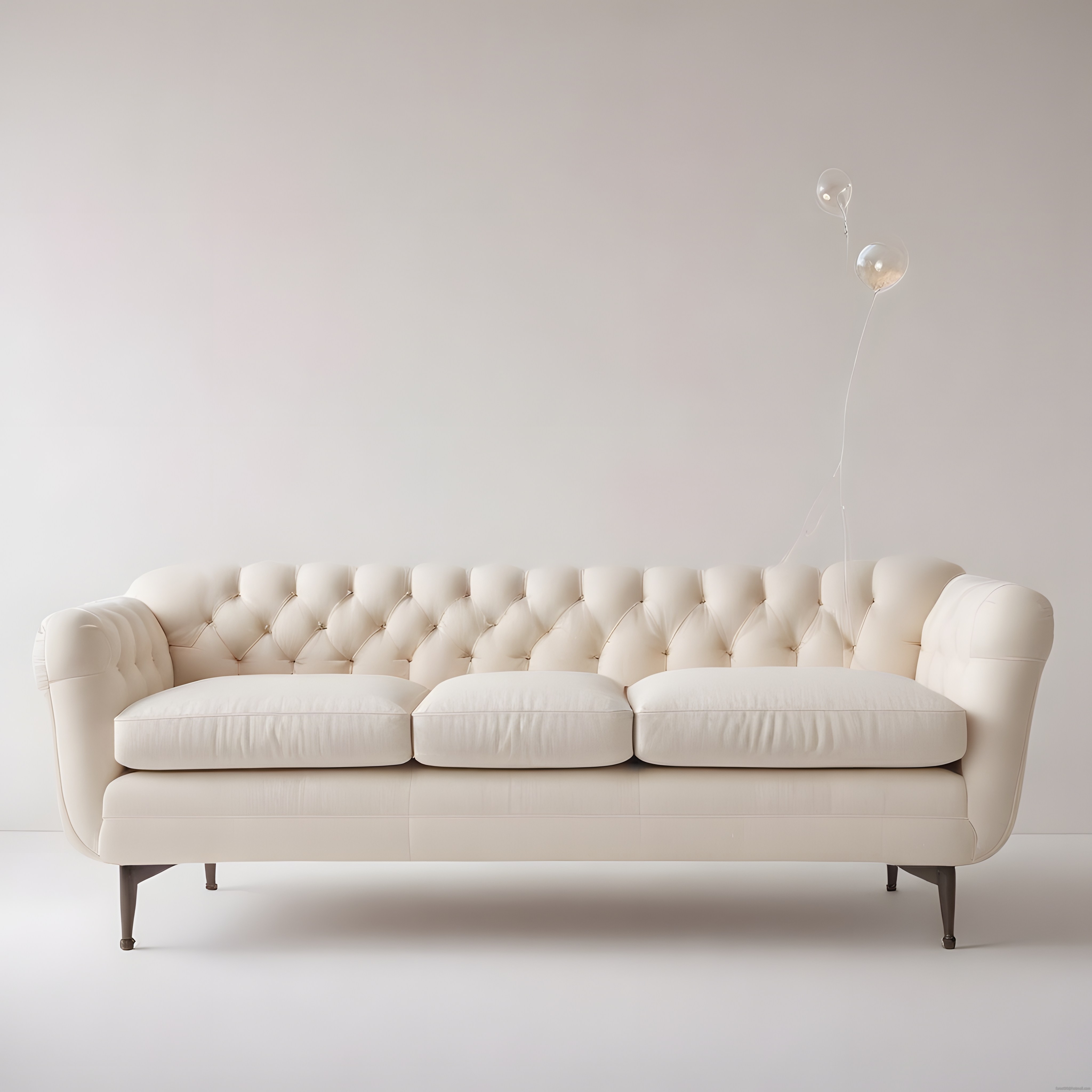Şık Krem Chesterfield Kanepe ve Şeffaf Balonlarla Huzurlu Salon Dekorasyonu