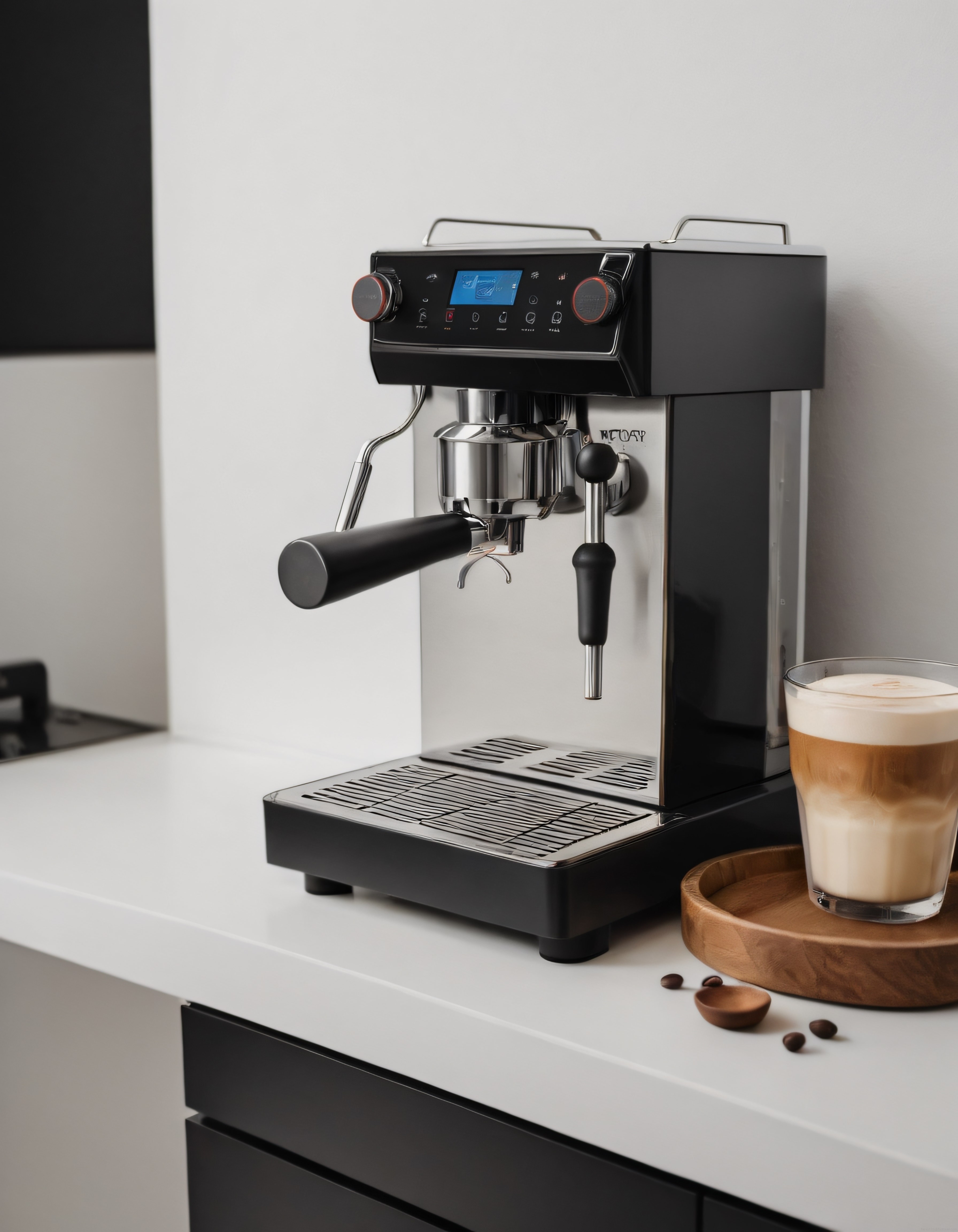 Şık mutfak tezgahında dijital espresso makinesi ve katmanlı latte bardağı