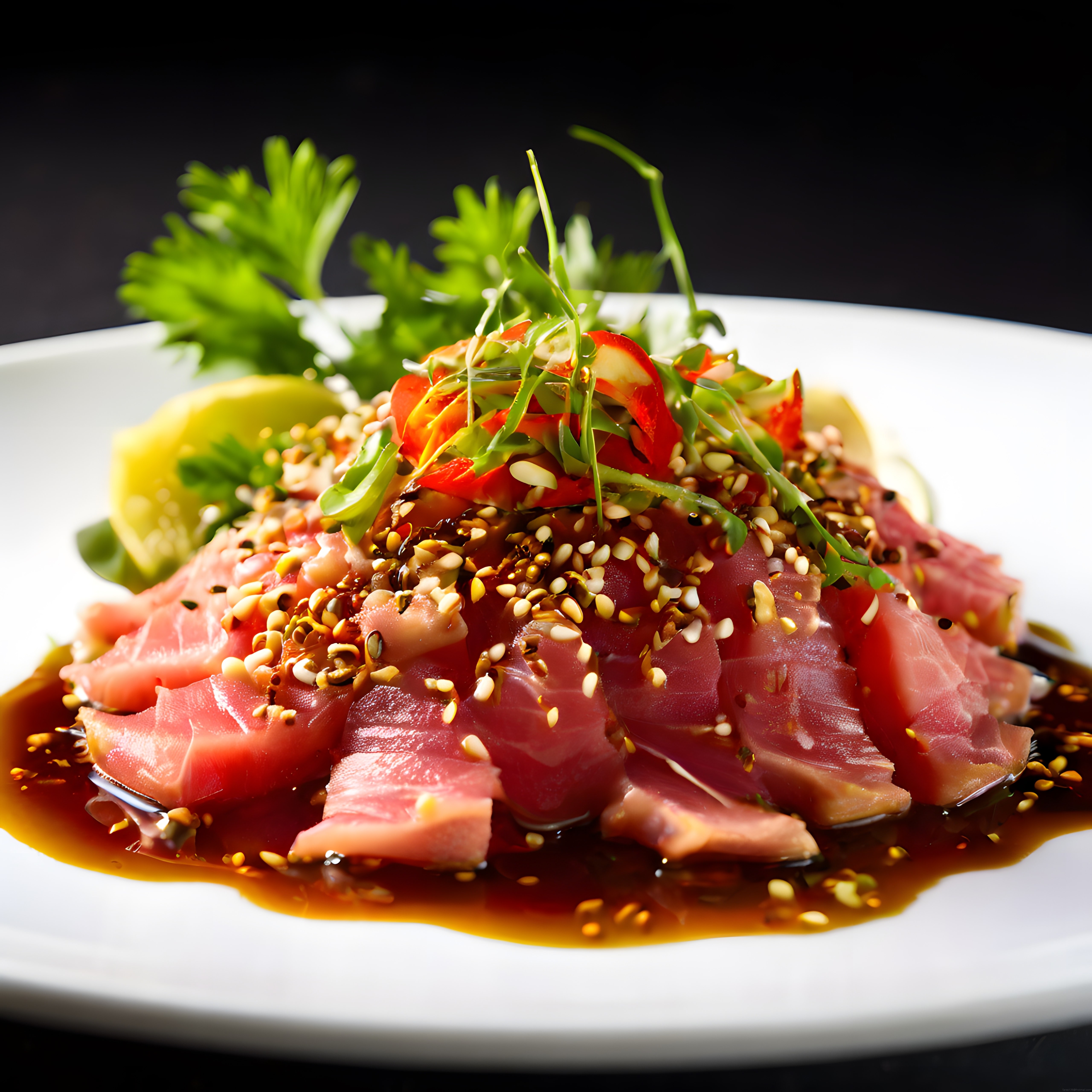 Şık Restoran Sunumu: Soya Soslu Susamlı Ton Balığı Tataki ve Yeşillikler