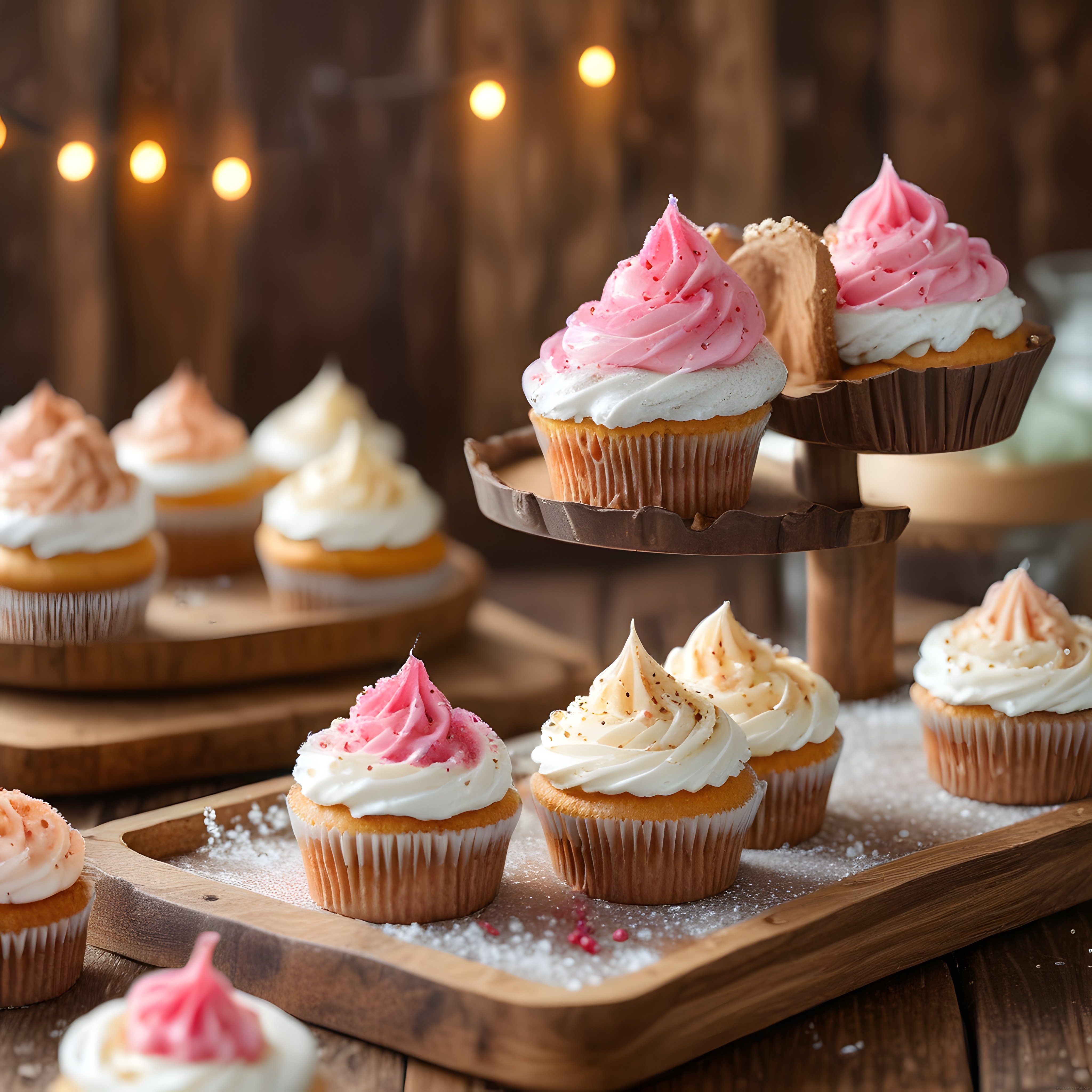 Şık Rustik Ahşap Sunumda Çift Renkli Krema Süslü Cupcake Çeşitleri