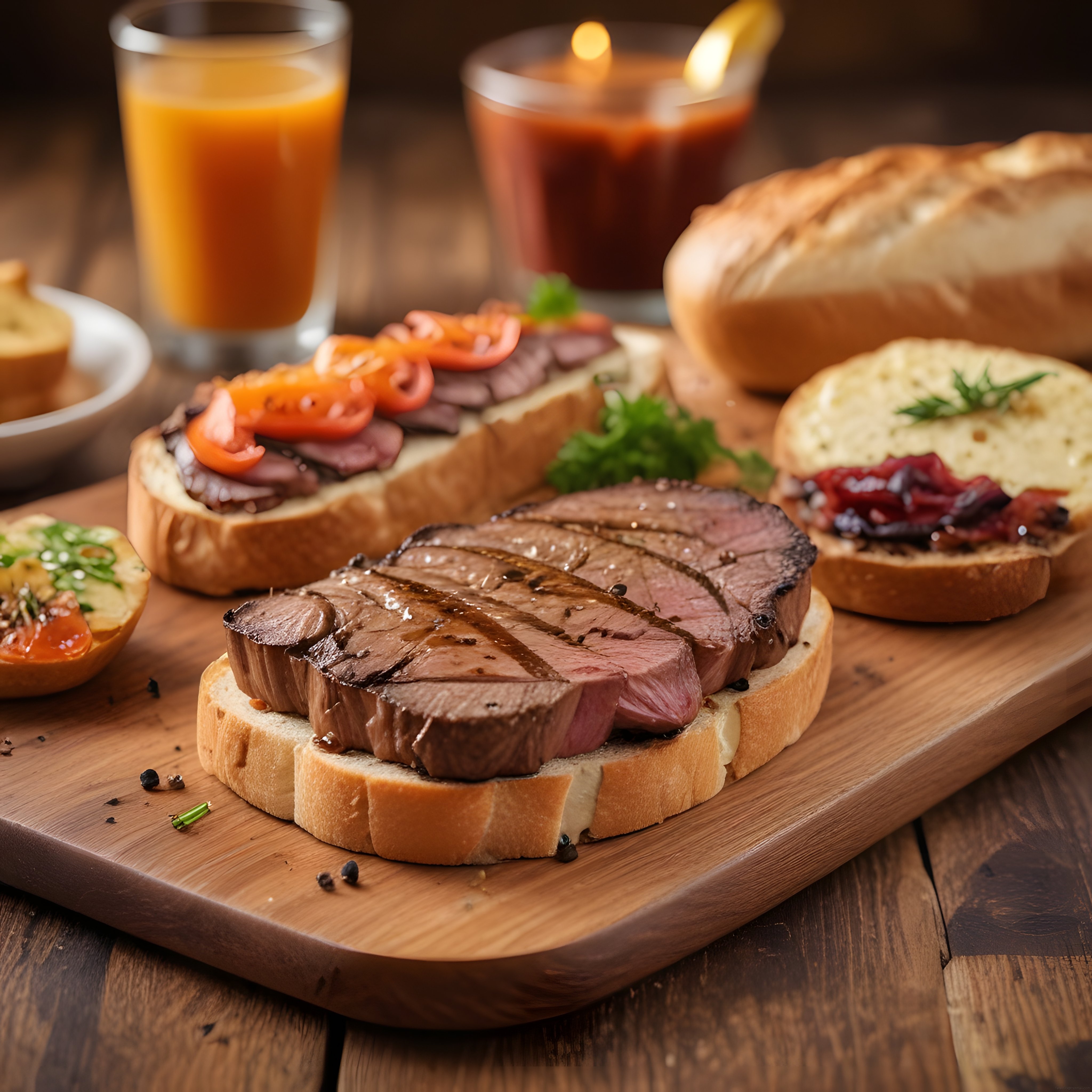 Şık rustik masa düzeninde roast beef bruschetta ve özel atıştırmalıklar