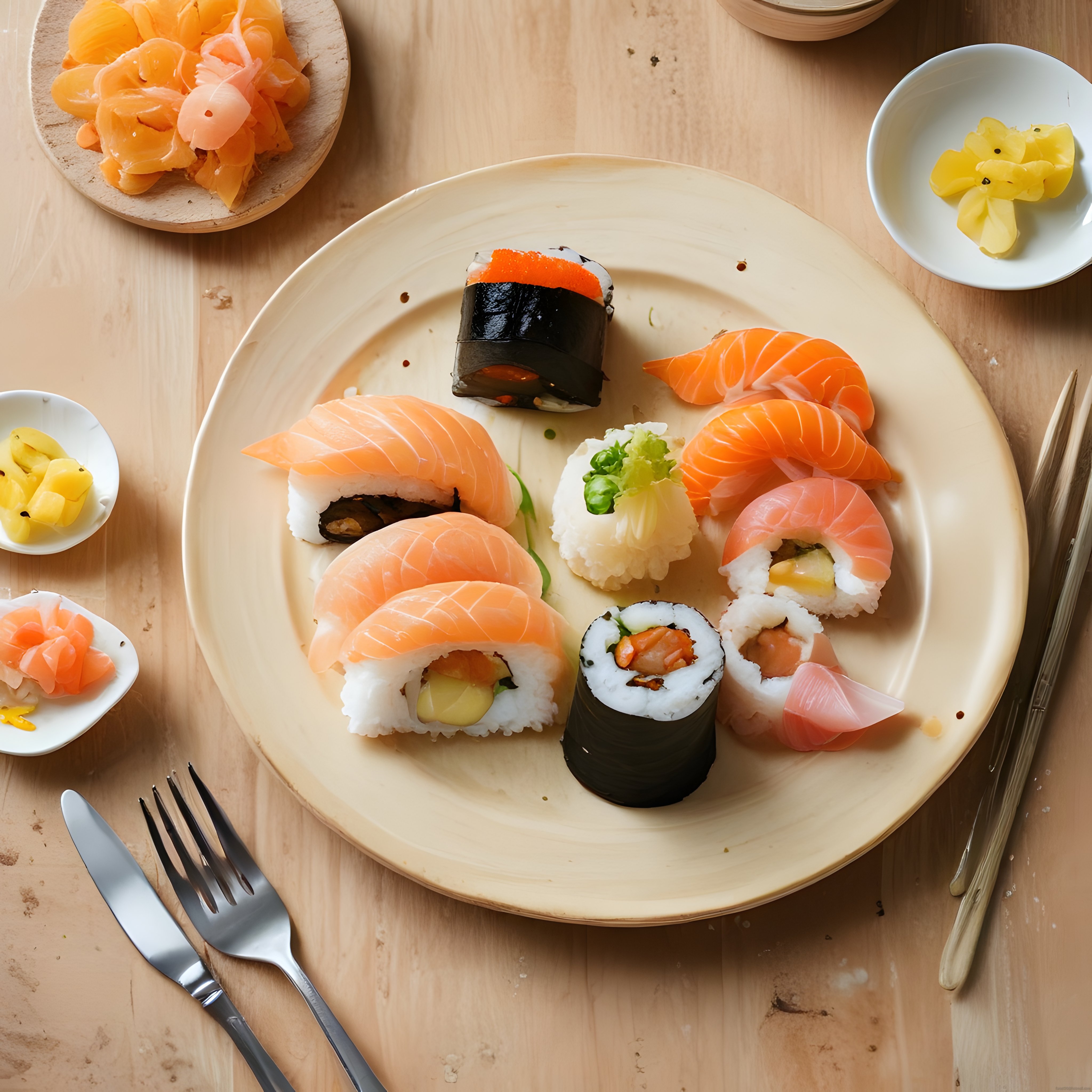 Şık Seramik Tabağa Sunulmuş Taze Somon ve Wasabili Sushi Çeşitleri