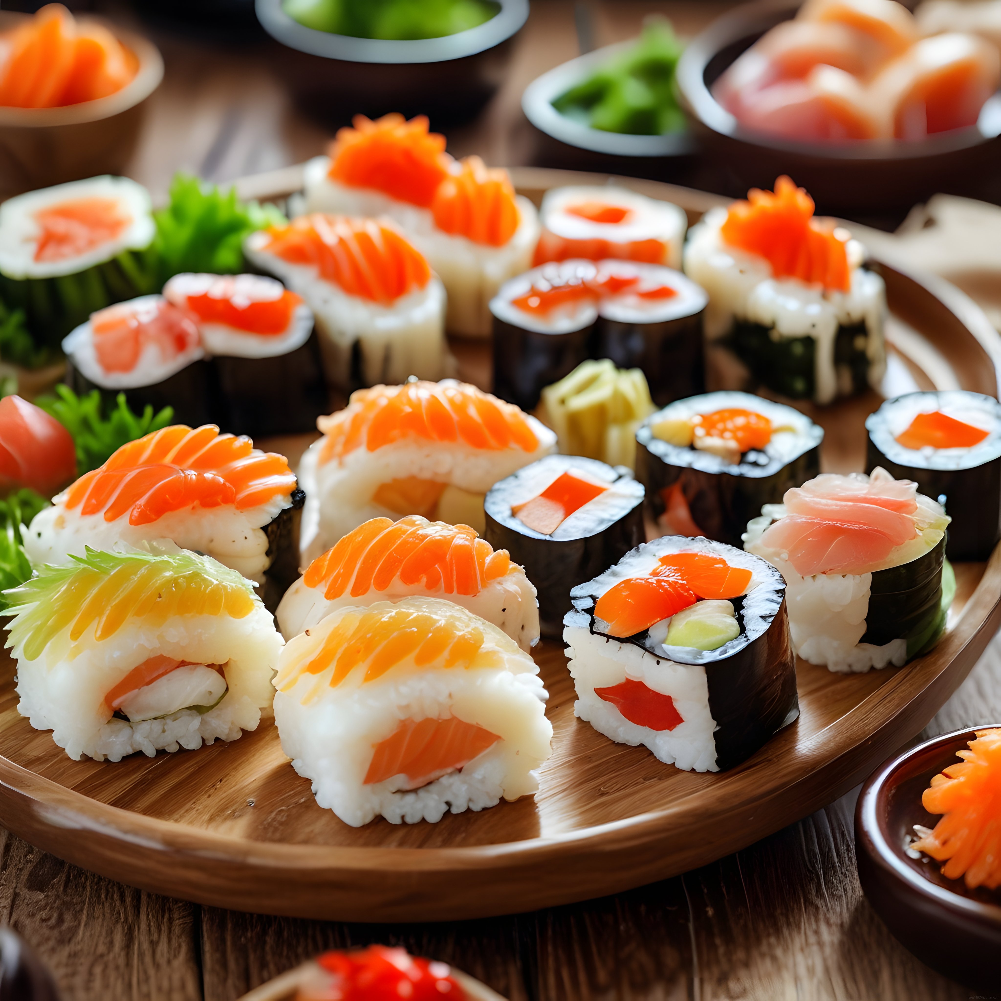 Şık Sunum Tahtası Üzerinde Taze Somonlu Nigiri ve Maki Sushi Çeşitleri