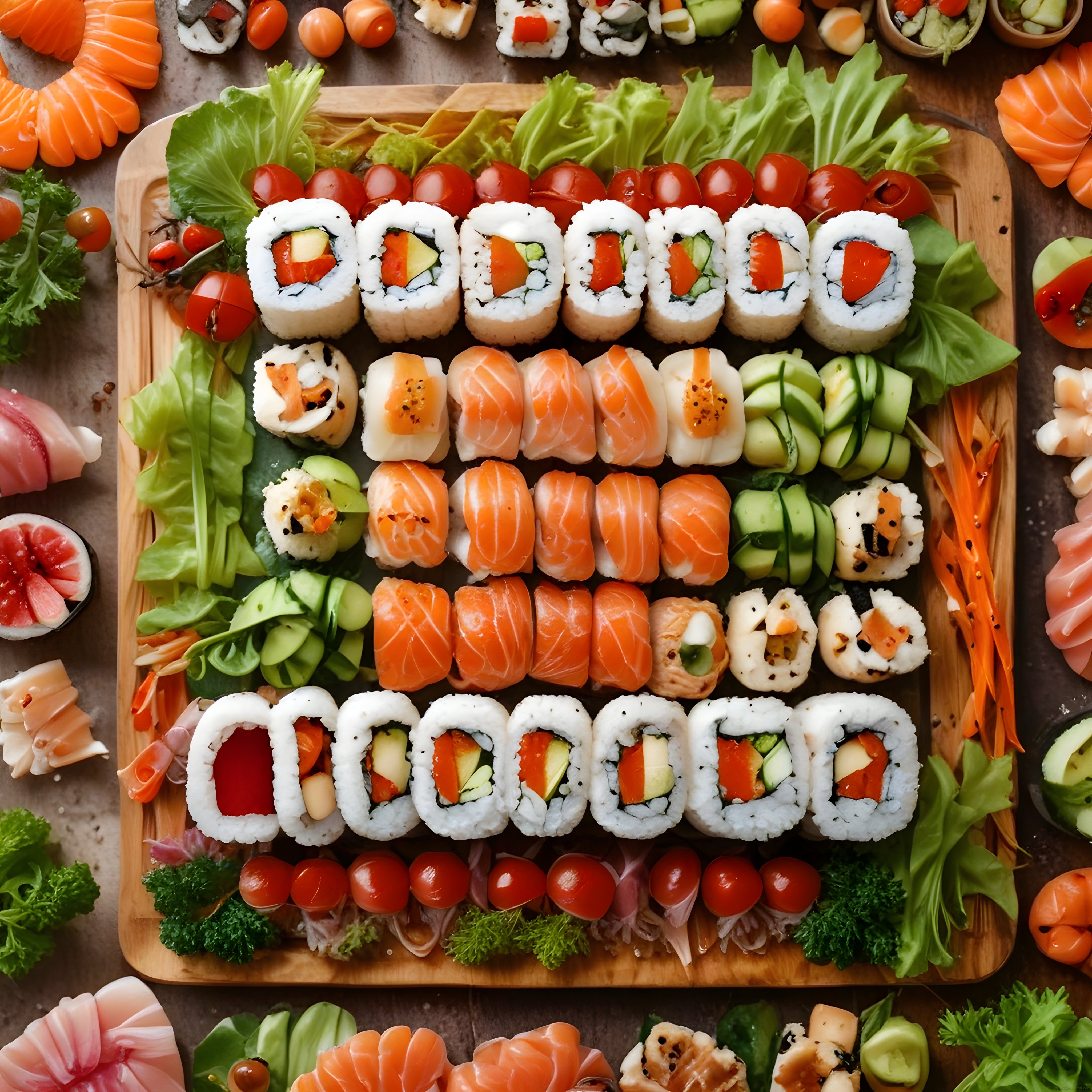 şık sunum tahtasında hazırlanan taze somonlu ve sebzeli sushi çeşitleri