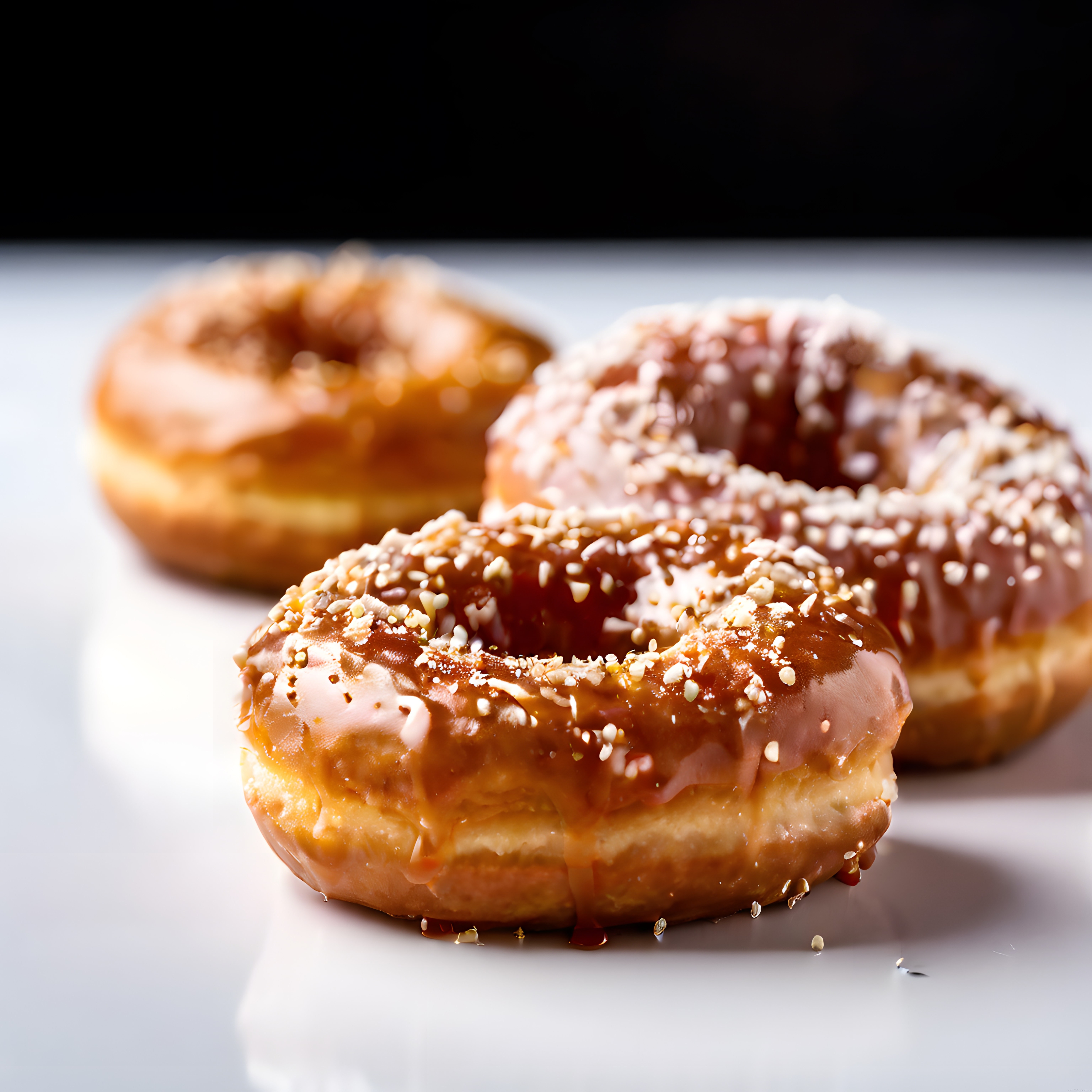 şık sunumlu fındık kırıklı karamel ve çikolata glazürlü donut üçlüsü
