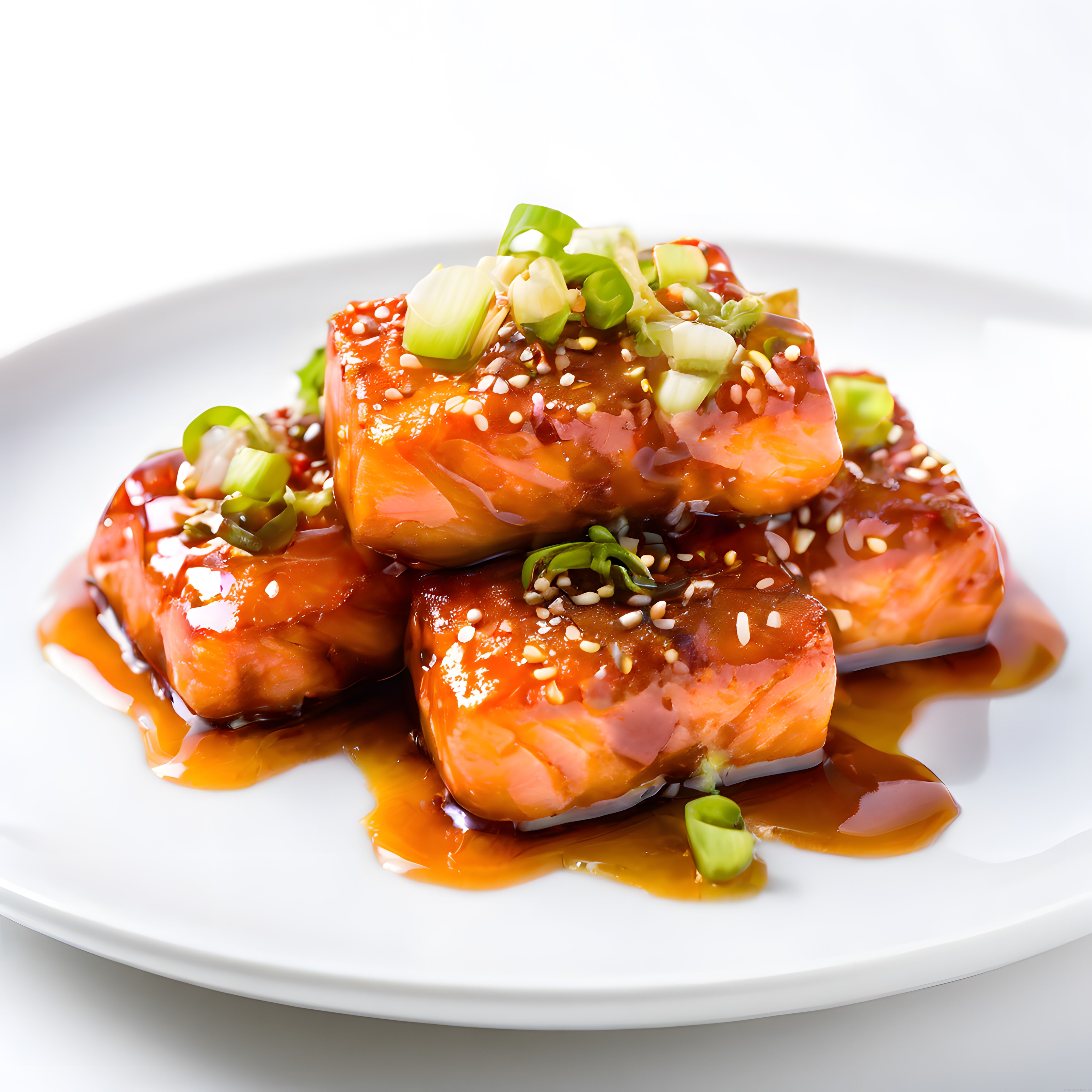 Şık tabak sunumunda teriyaki soslu susamlı ve yeşil soğanlı nefis somon balığı