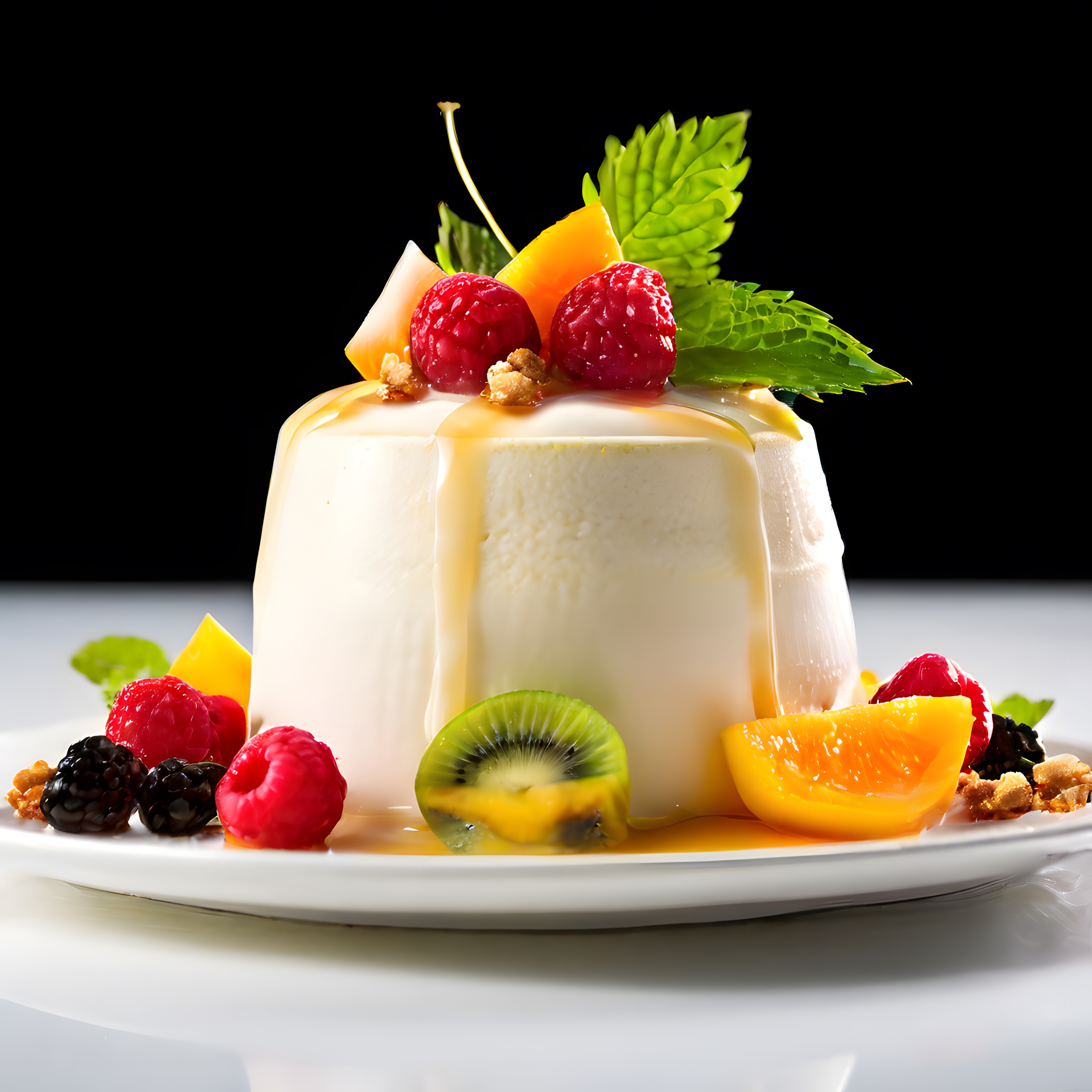 Şık Tabakta Karamel Soslu ve Taze Orman Meyveli Panna Cotta Tatlısı