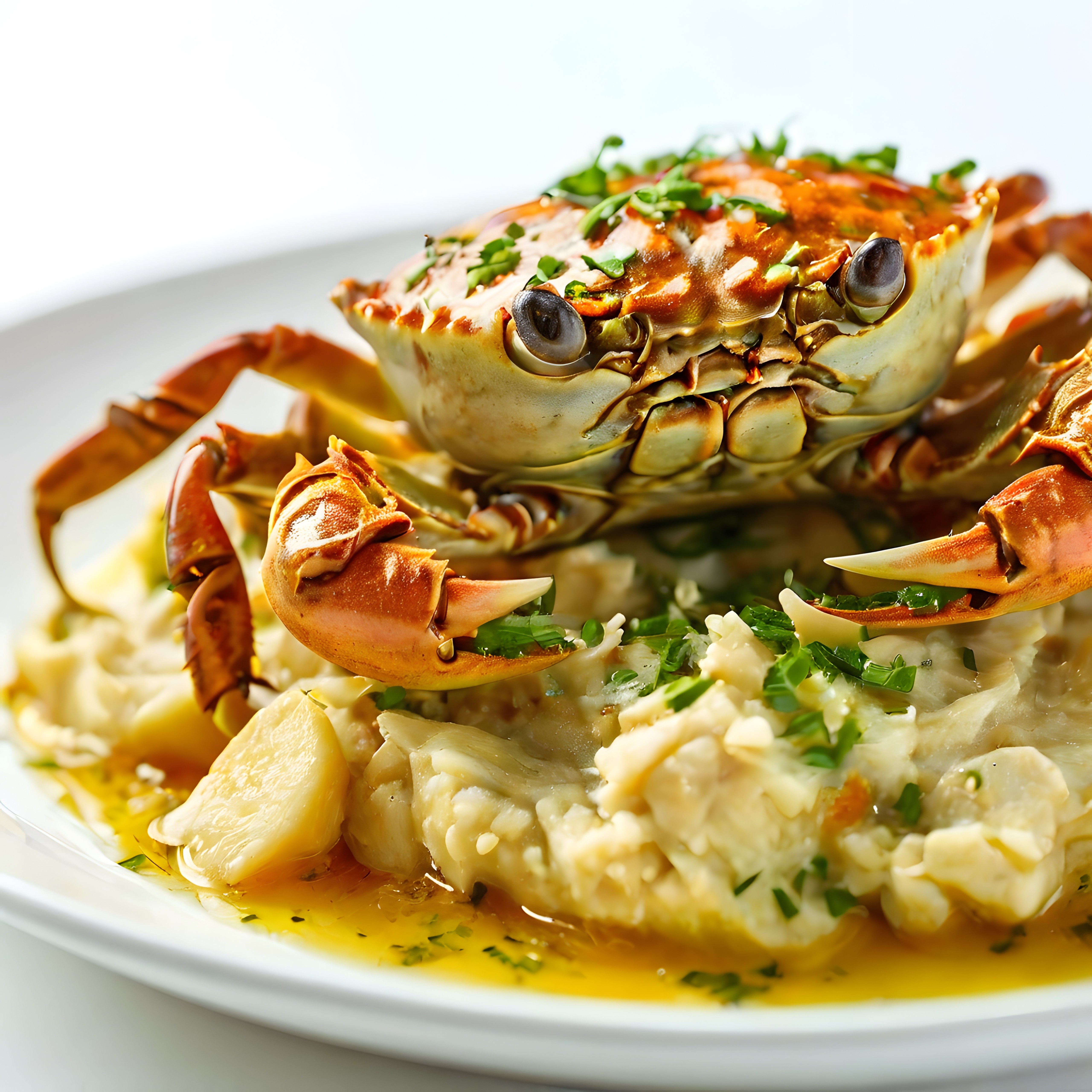 şık tabakta tereyağlı sarımsak soslu yengeçli risotto sunumu