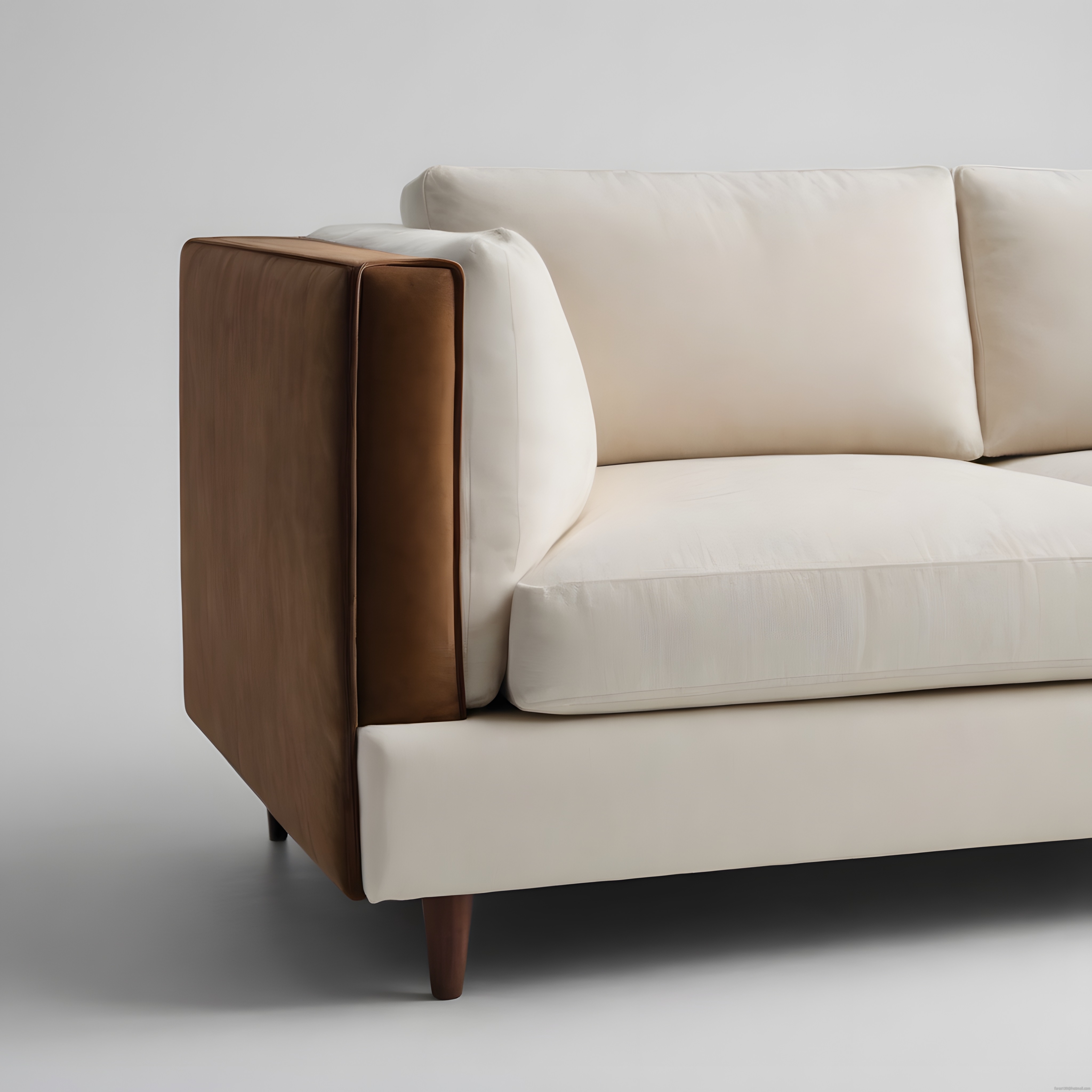 Şık ve Modern: Beyaz Kumaşlı Ahşap Yan Panel Detaylı Minimalist Kanepe