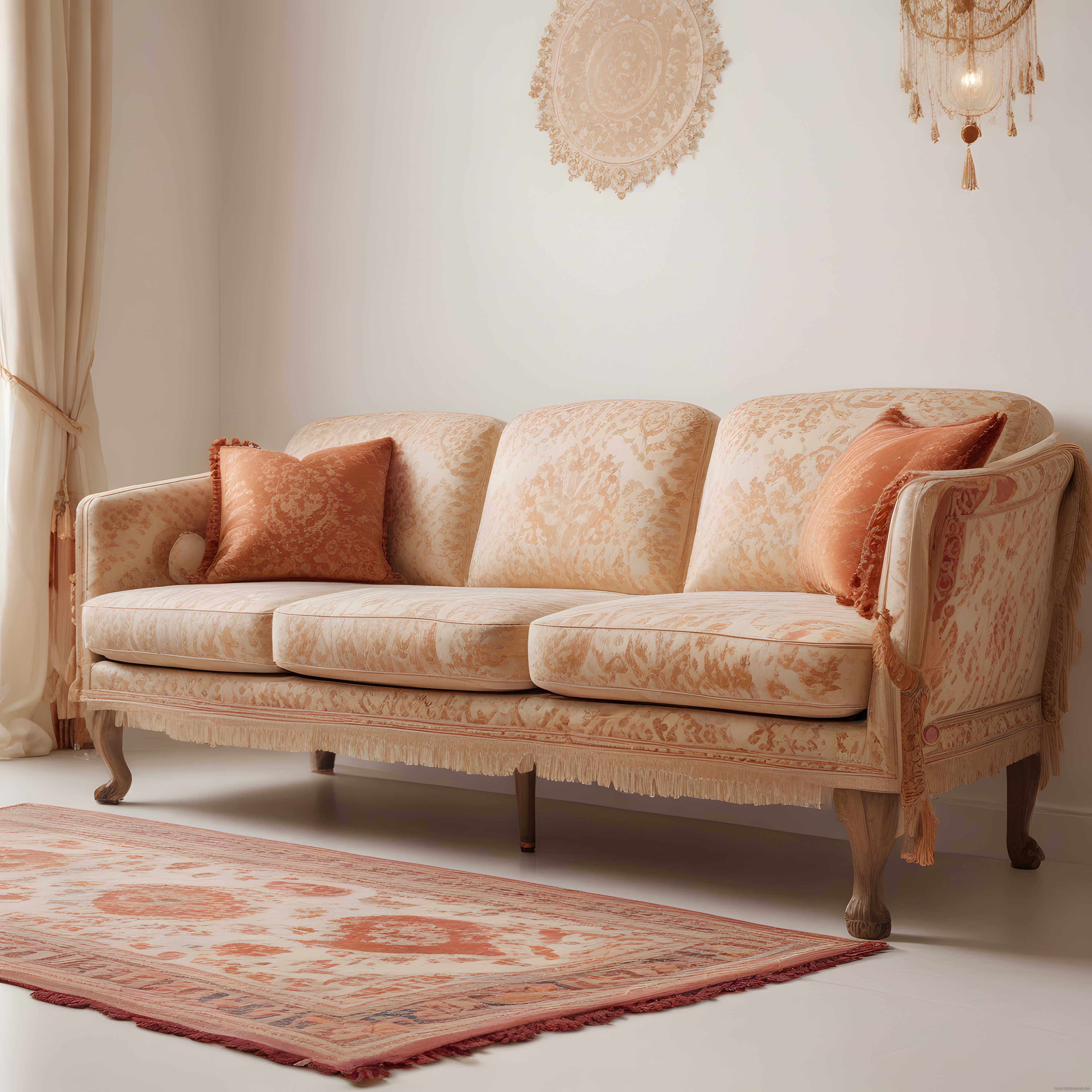 Şık ve Romantik Bir Salon Köşesi: Vintage Desenli Kanepe ve Sıcak Tonlar