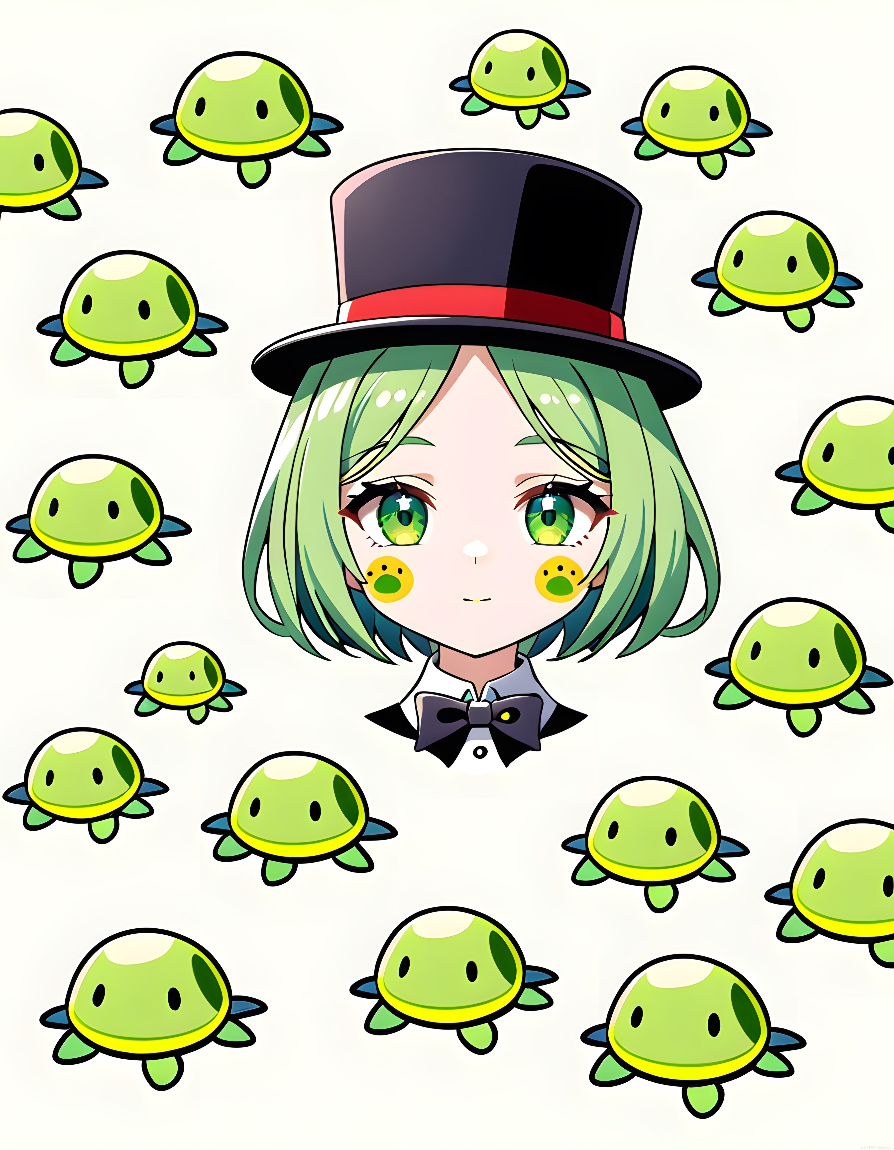 Silindir Şapkalı Yeşil Saçlı Anime Kız ve Uçan Sevimli Kaplumbağa Figürleri