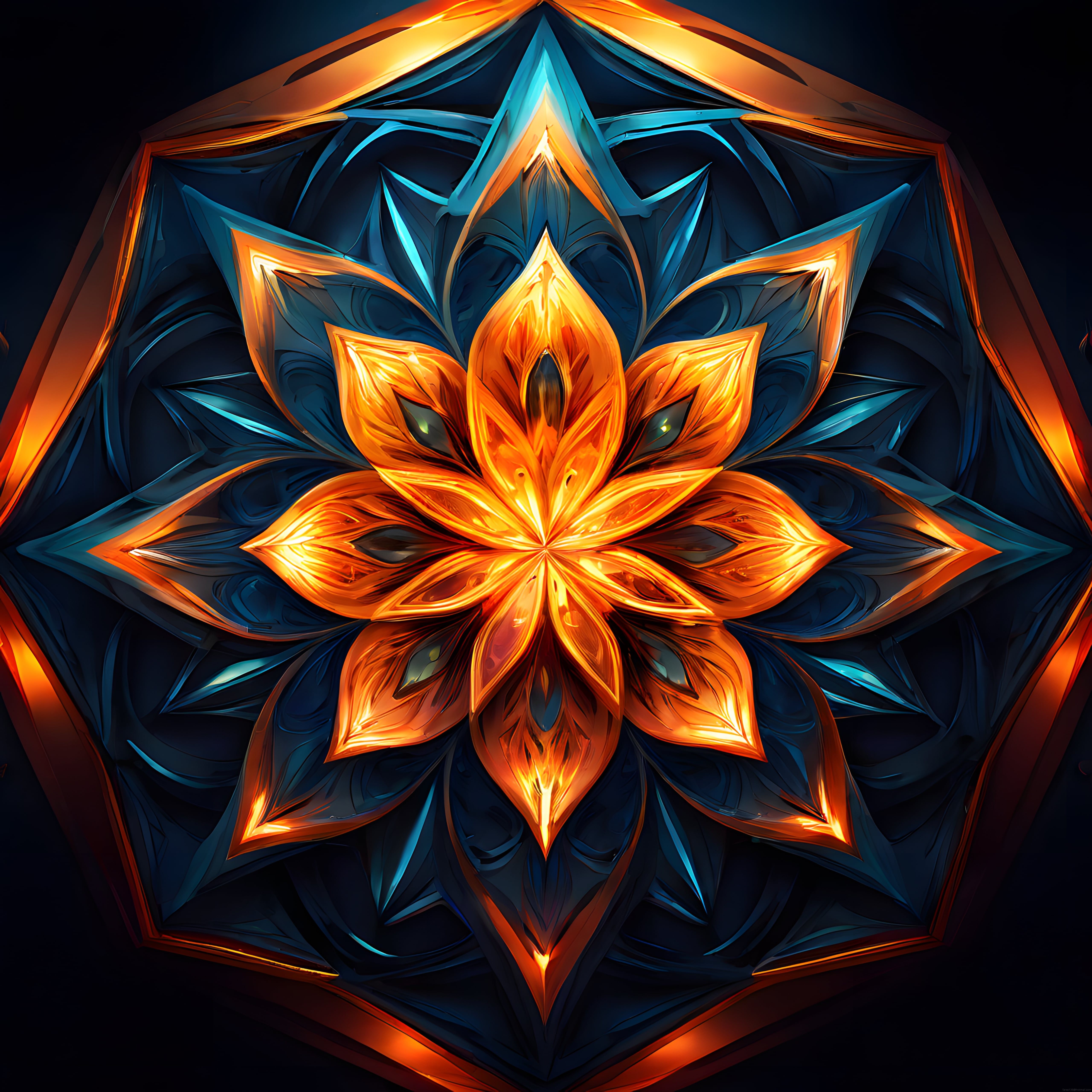 Simetrik Dijital Mandala: Parlak Turuncu ve Mavi Geometrik Sanat Eseri