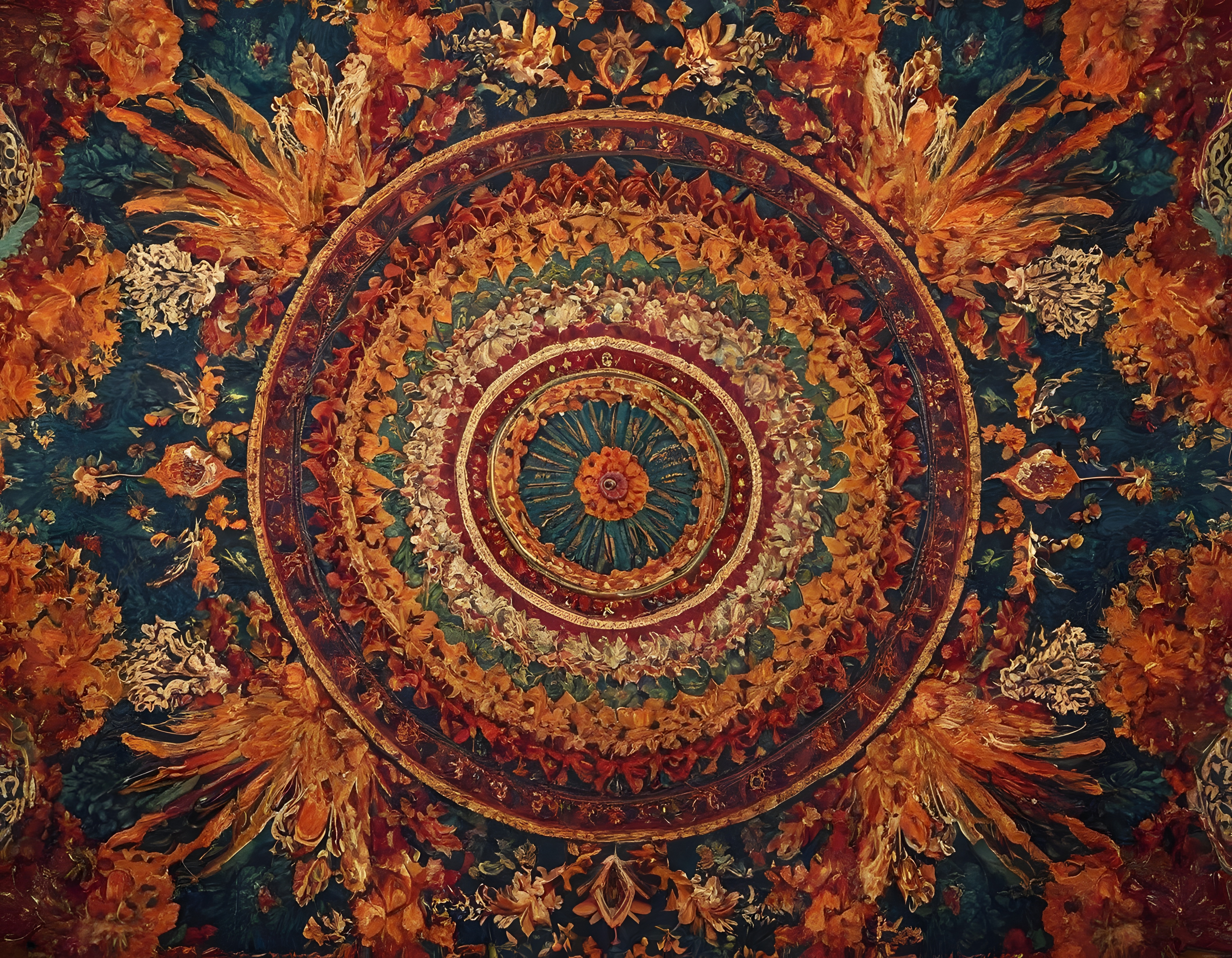 Simetrik Mandala Deseni: Altın ve Turuncu Çiçek Motifli Yağlı Boya