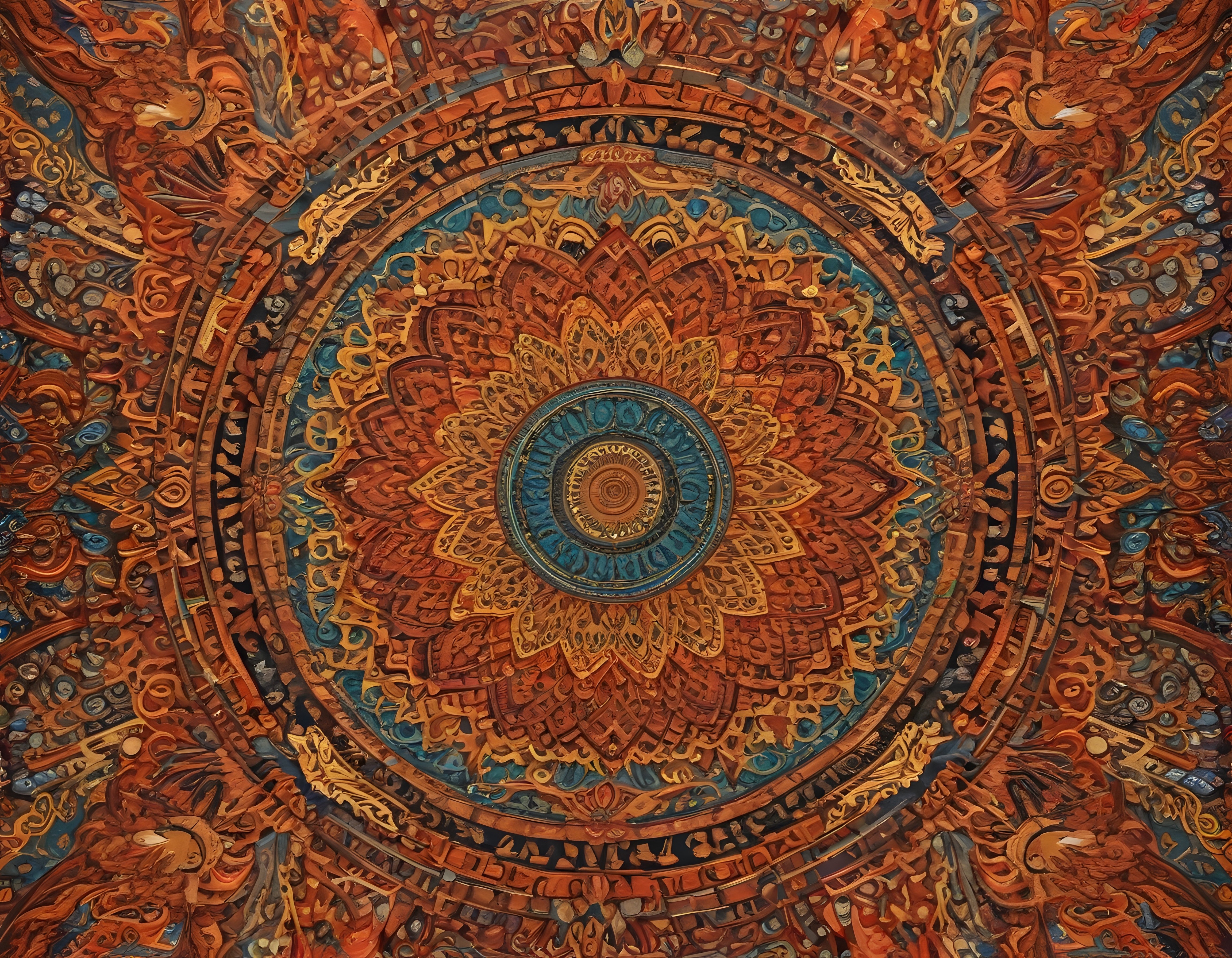 Simetrik Mandala Deseni: Sıcak Tonlarda Mavi Detaylı Dijital Sanat Çalışması