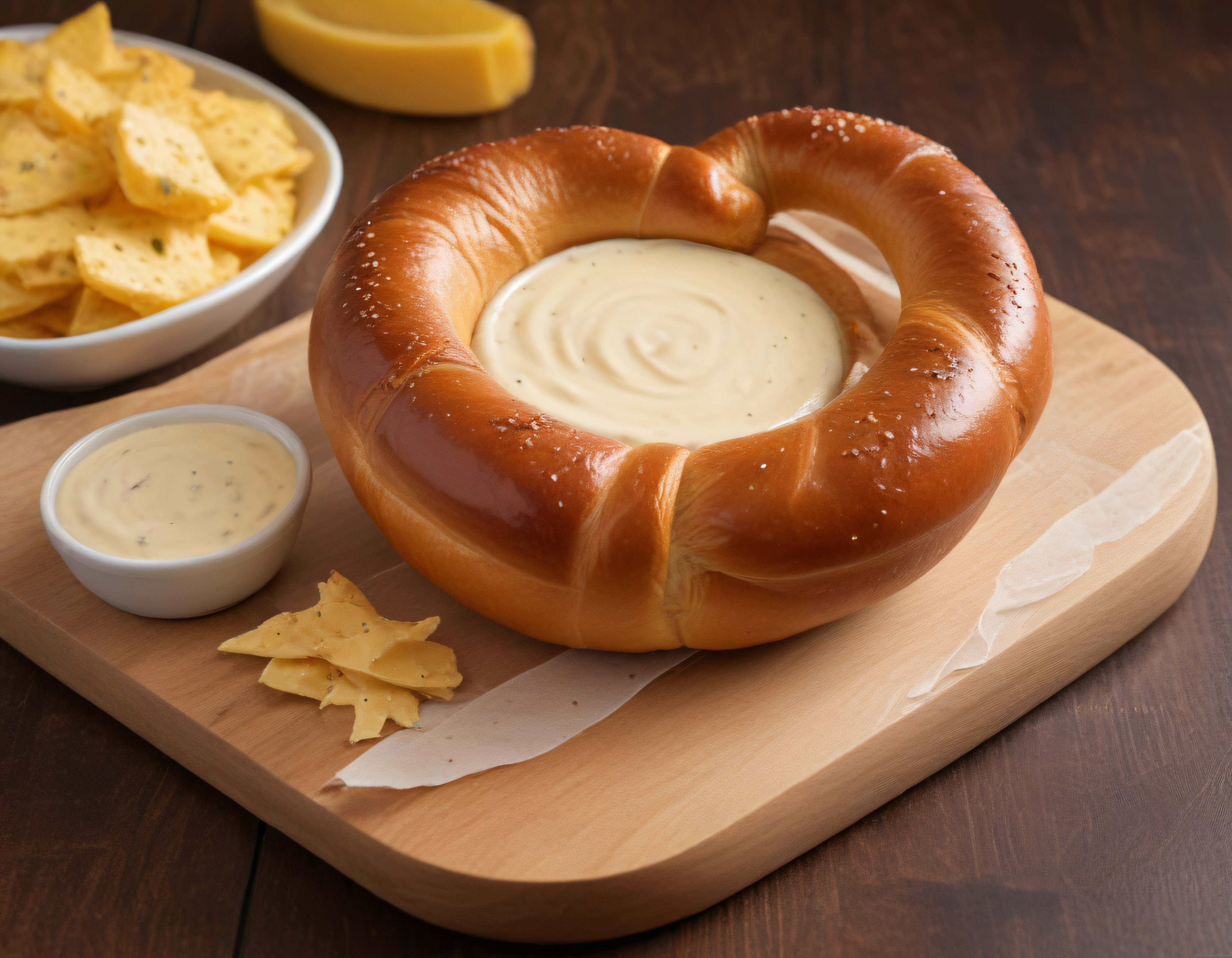 Simit Formunda Pretzel Kasede Kremalı Peynir Dip ve Kraker Sunumu