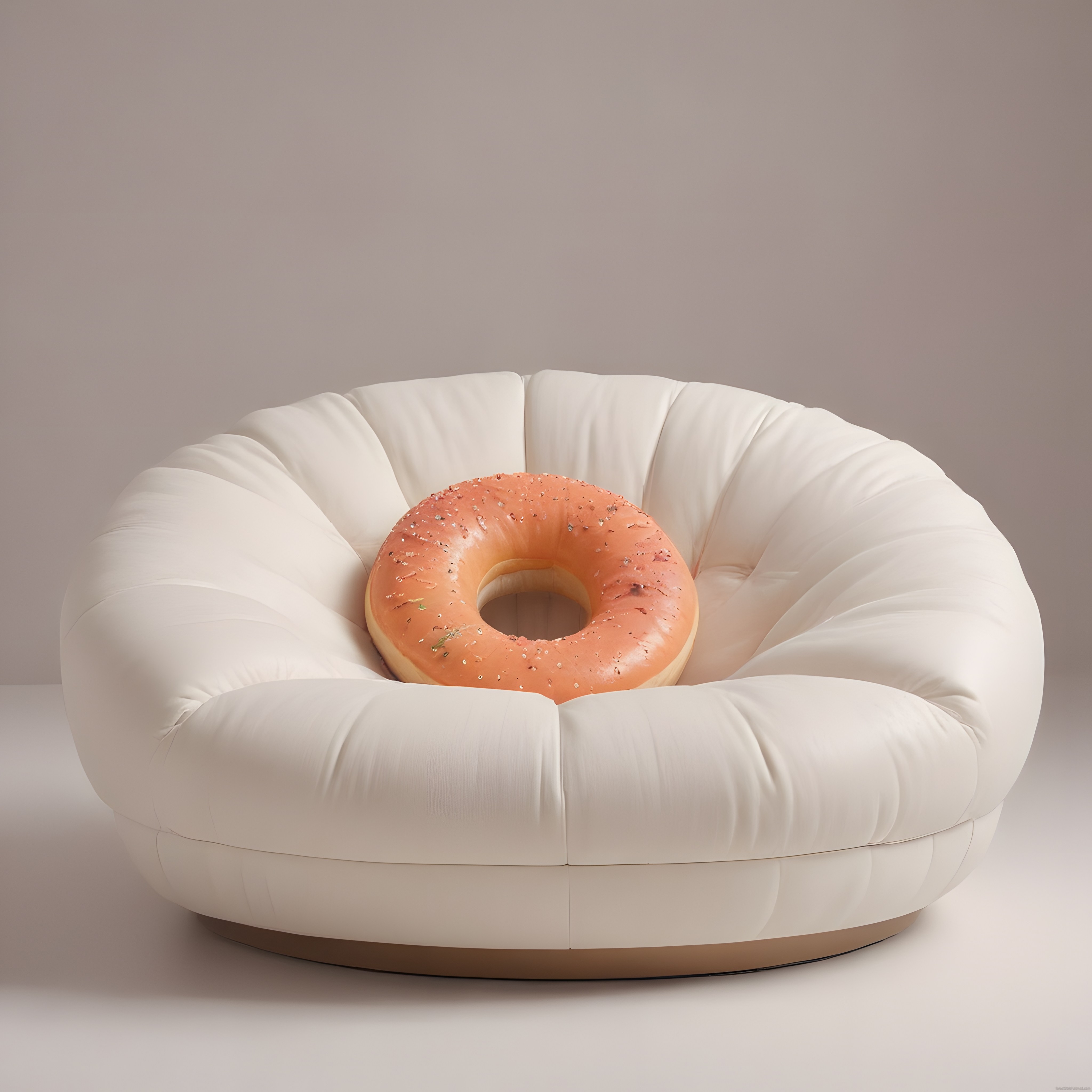 Simit şeklinde devasa krem bir koltuğun merkezinde pembe glazürlü donut tasarımı