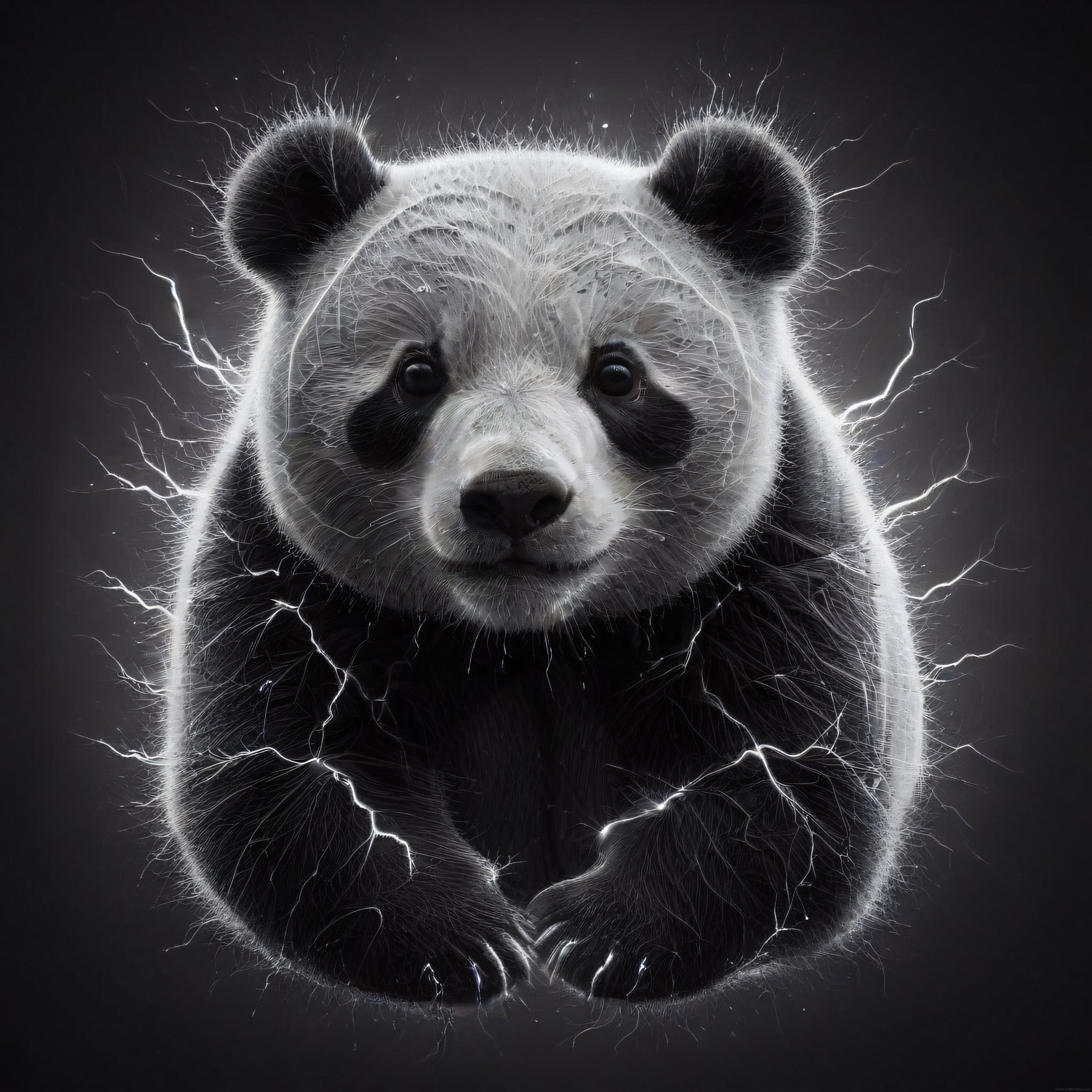 Şimşek Efektleriyle Çevrelenmiş Siyah Beyaz Panda Portresi Dijital Sanat
