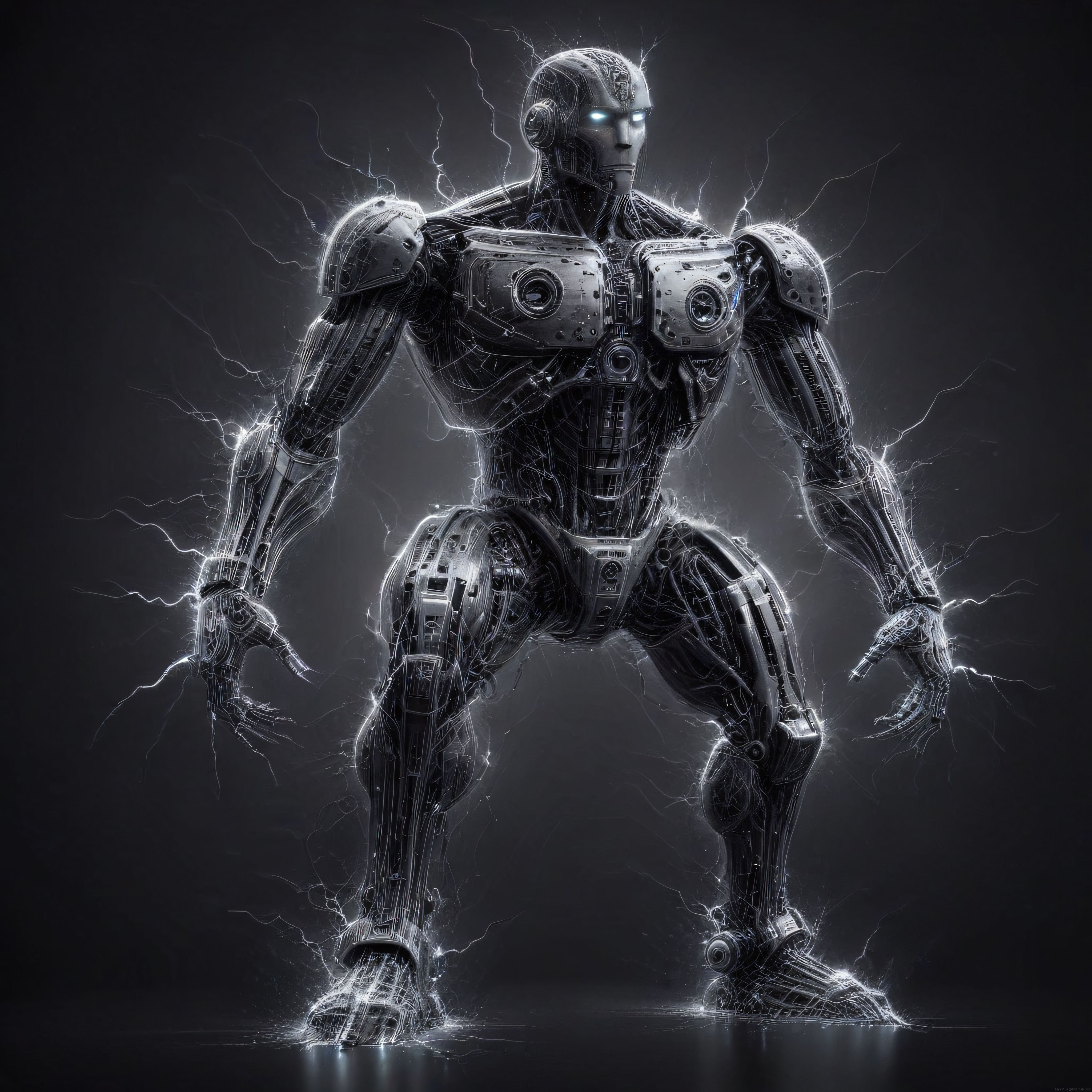 Şimşek ve Elektrik Efektleriyle Çevrilien Antropomorfik Metal Robot İllüstrasyonu