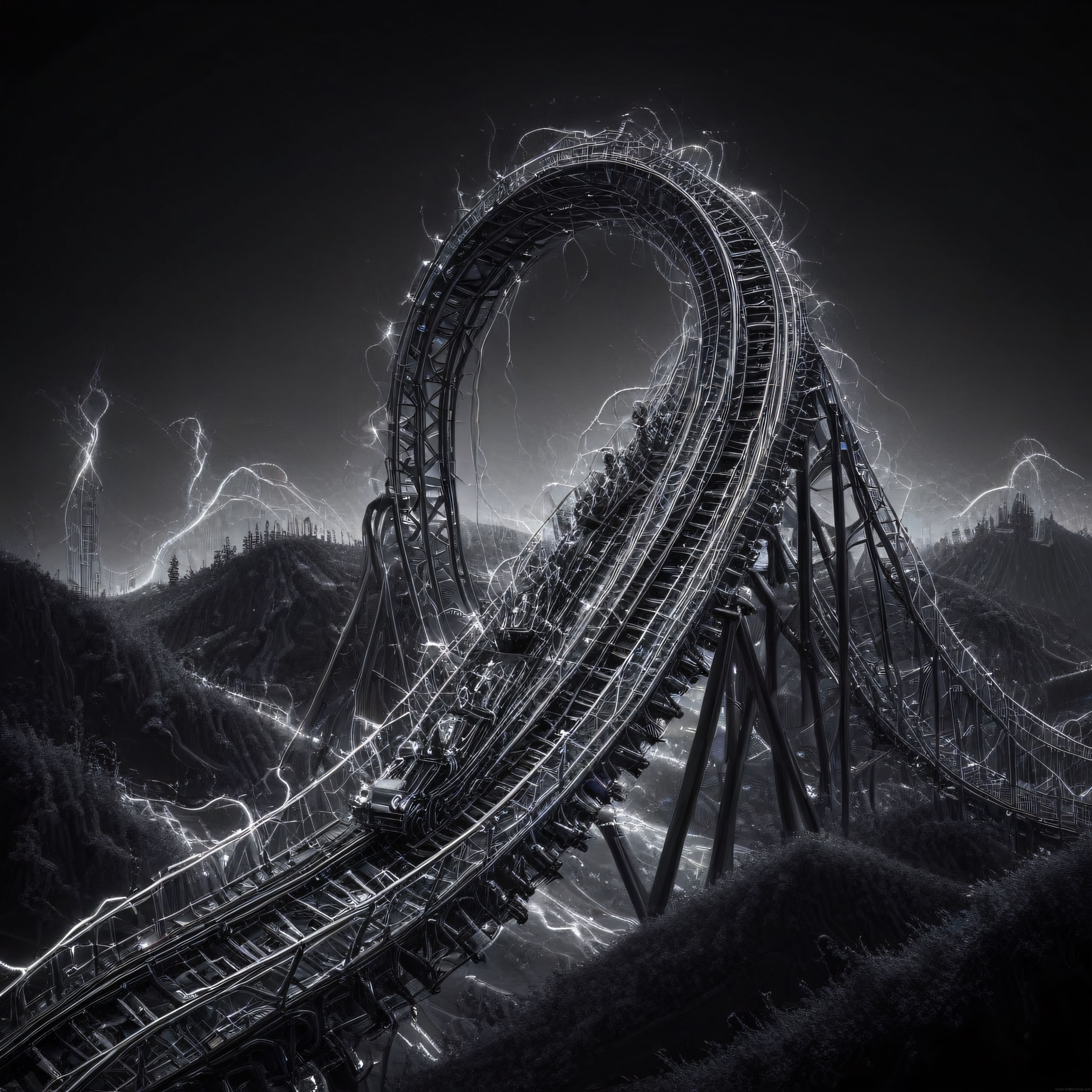 Şimşekli ve karanlık bir distopik lunaparkta devasa çelik hız treni döngüsü