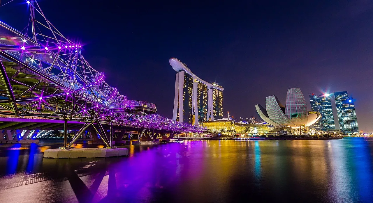 Singapur Marina Bay gece manzarası - şehir silüeti