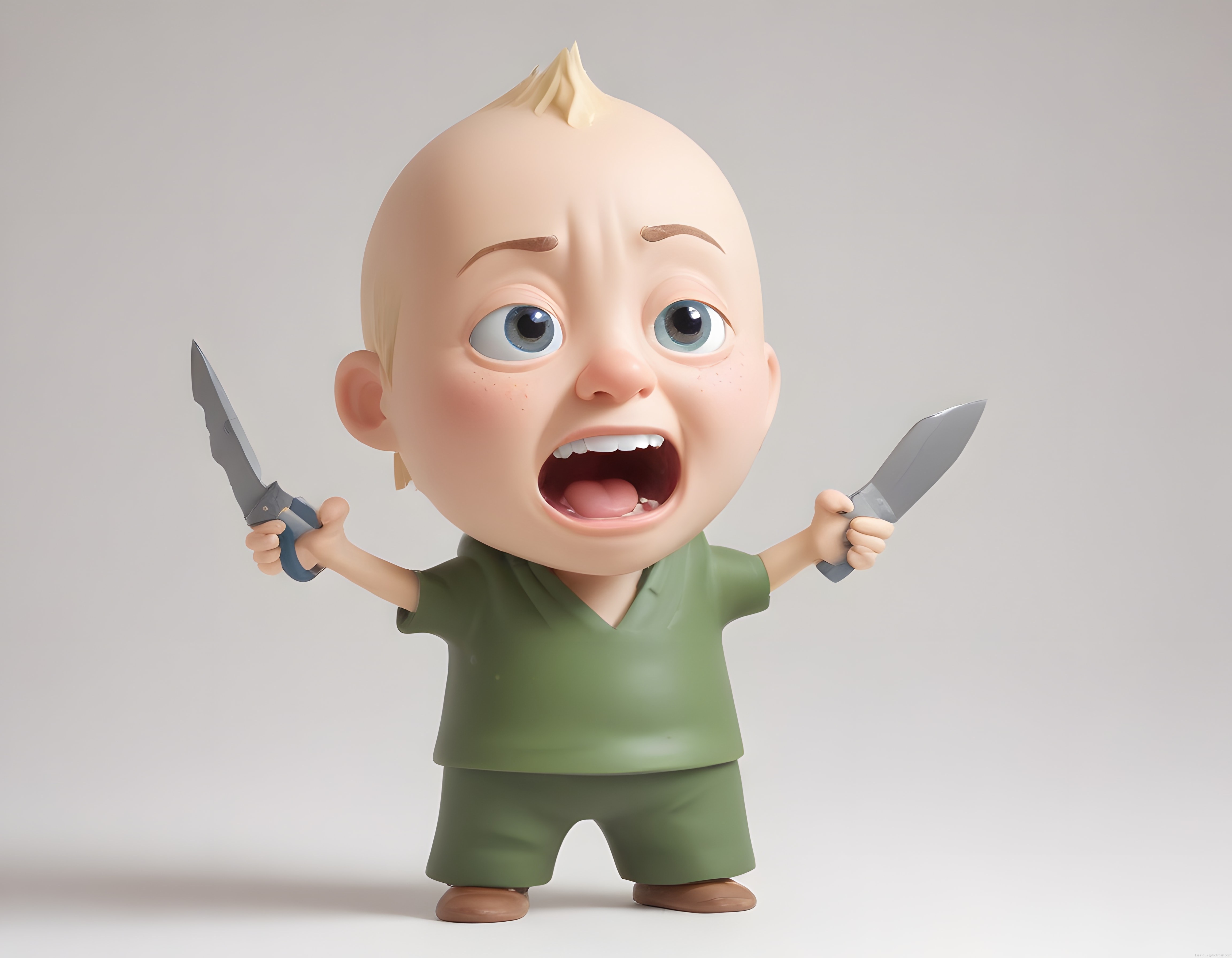 Sinirli 3D Animasyon Bebeği Elinde Bıçaklarla Komik ve Tuhaf Poz Veriyor