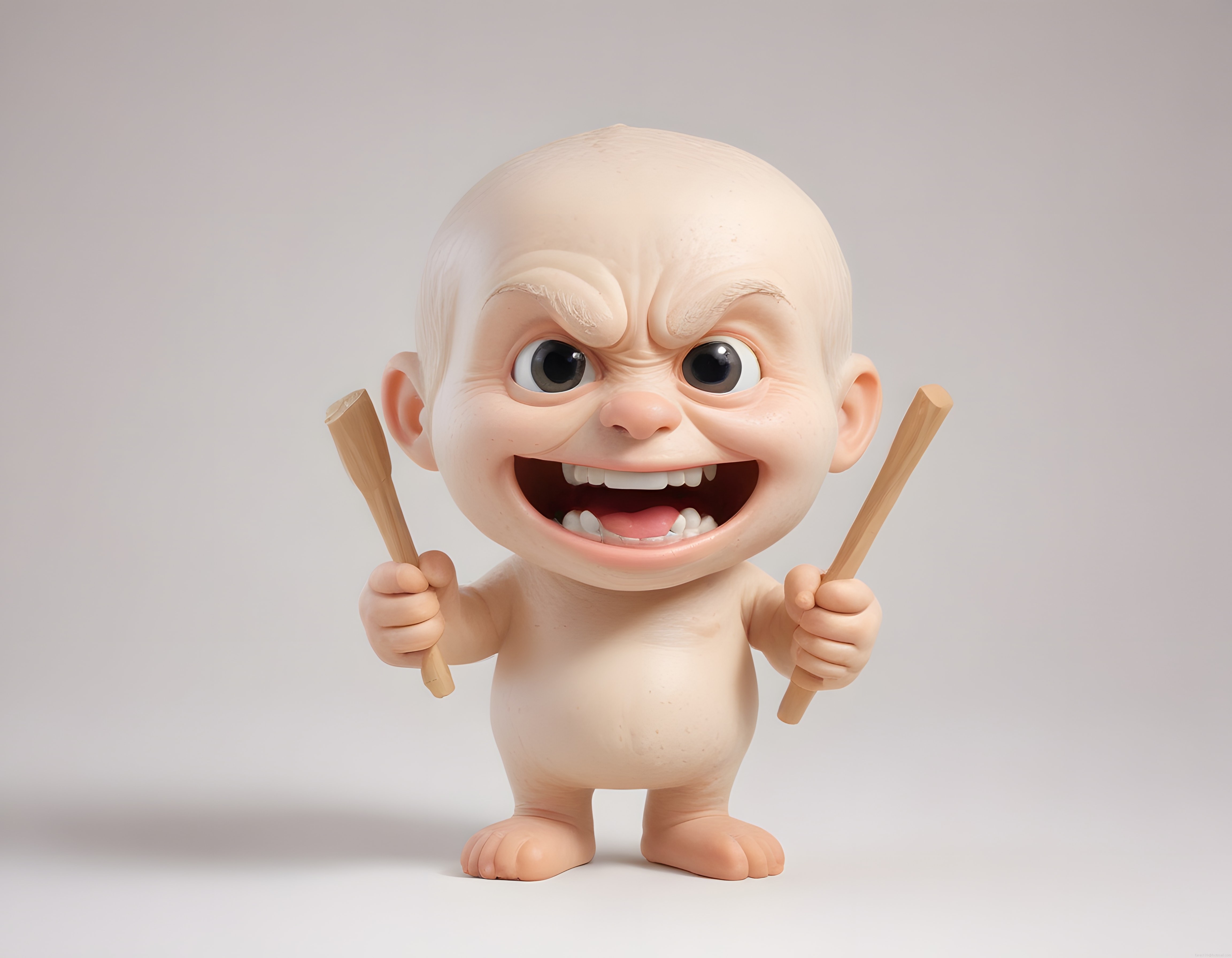 Sinirli Ama Sırıtan Büyük Başlı 3D Bebek Figürü ve Tahta Sopalar
