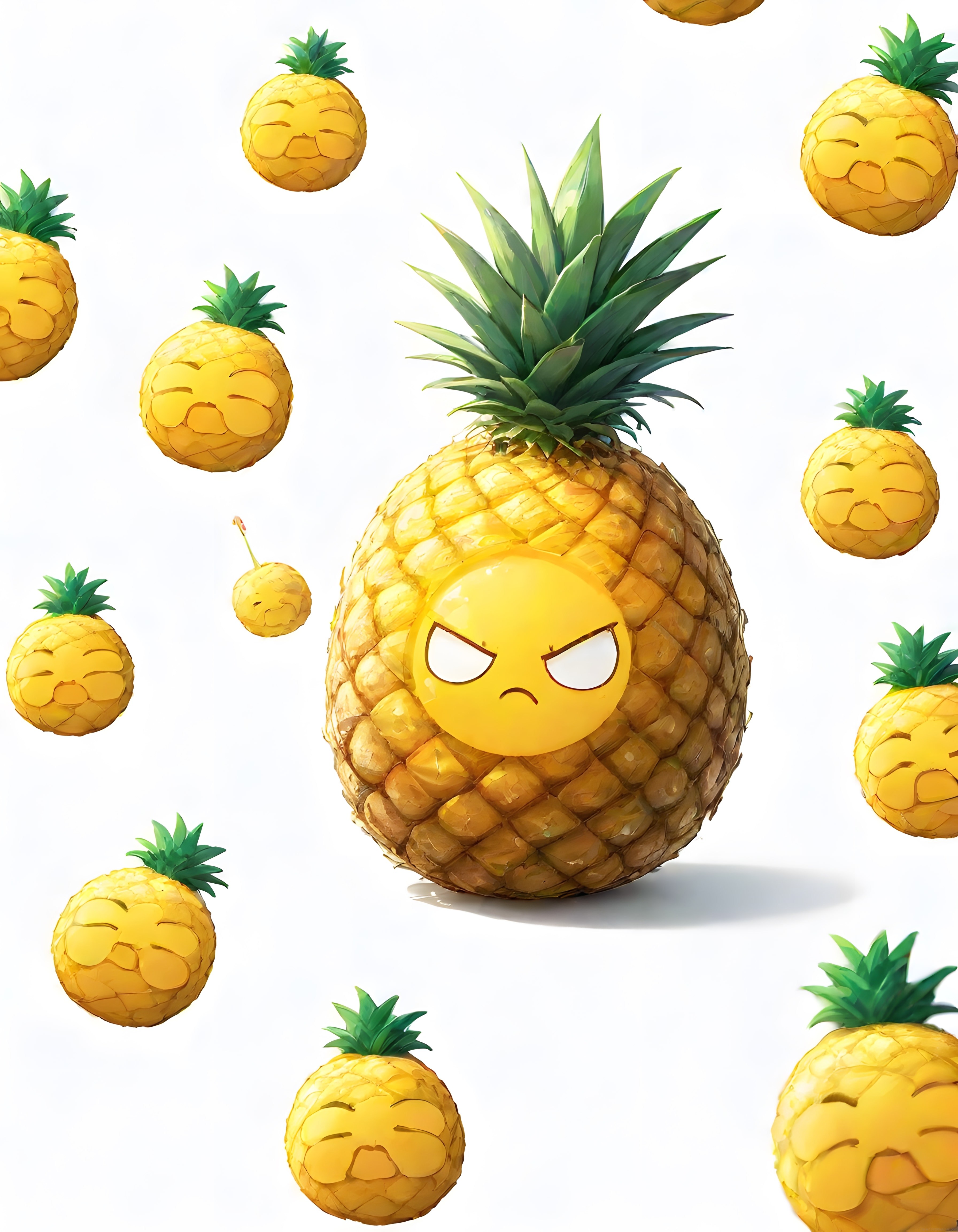 Sinirli dev ananas ve etrafındaki küçük ananaslarla komik animasyon görseli