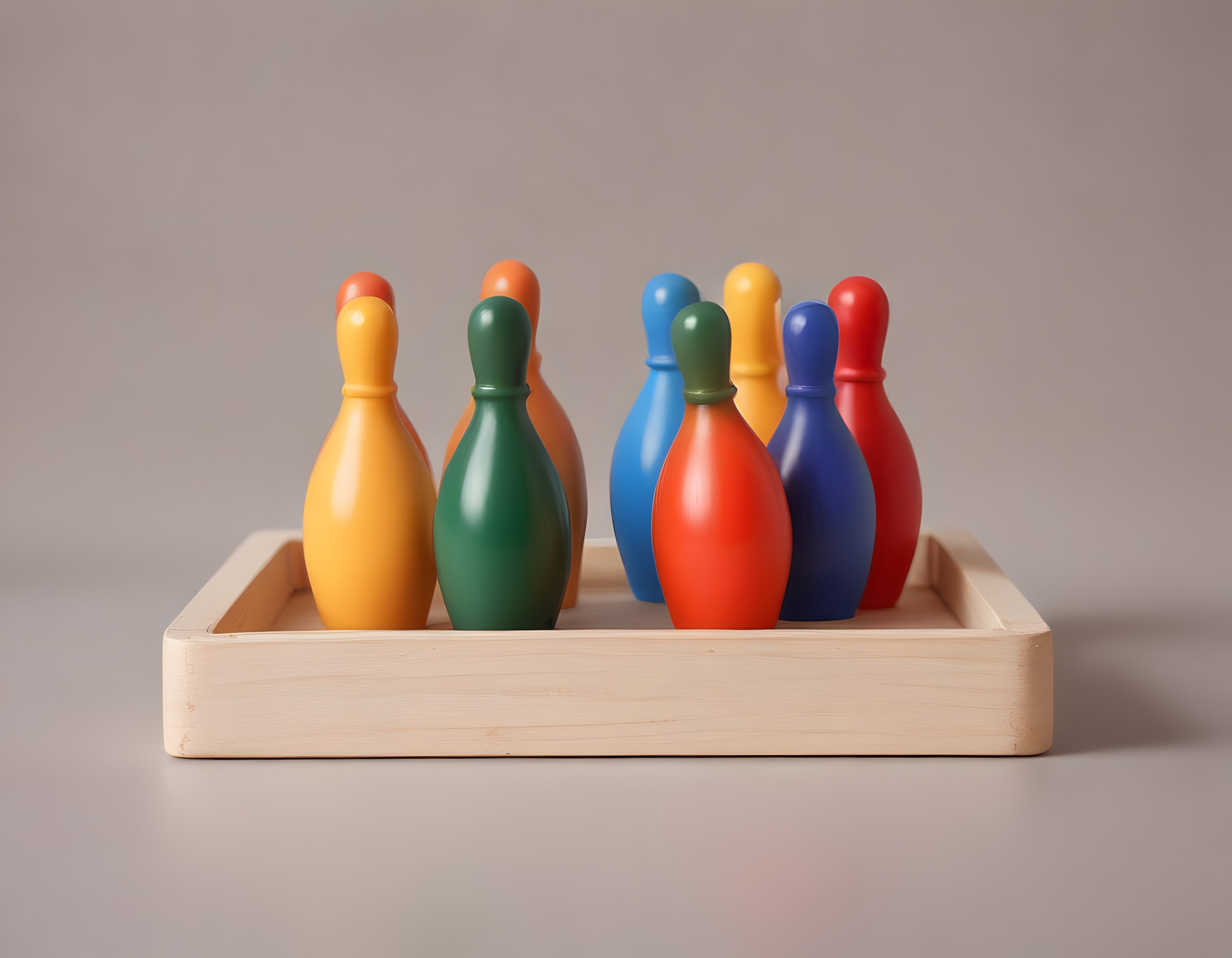 Sıra sıra dizilmiş renkli ahşap oyuncak bowling pimleri ve ahşap tepsi