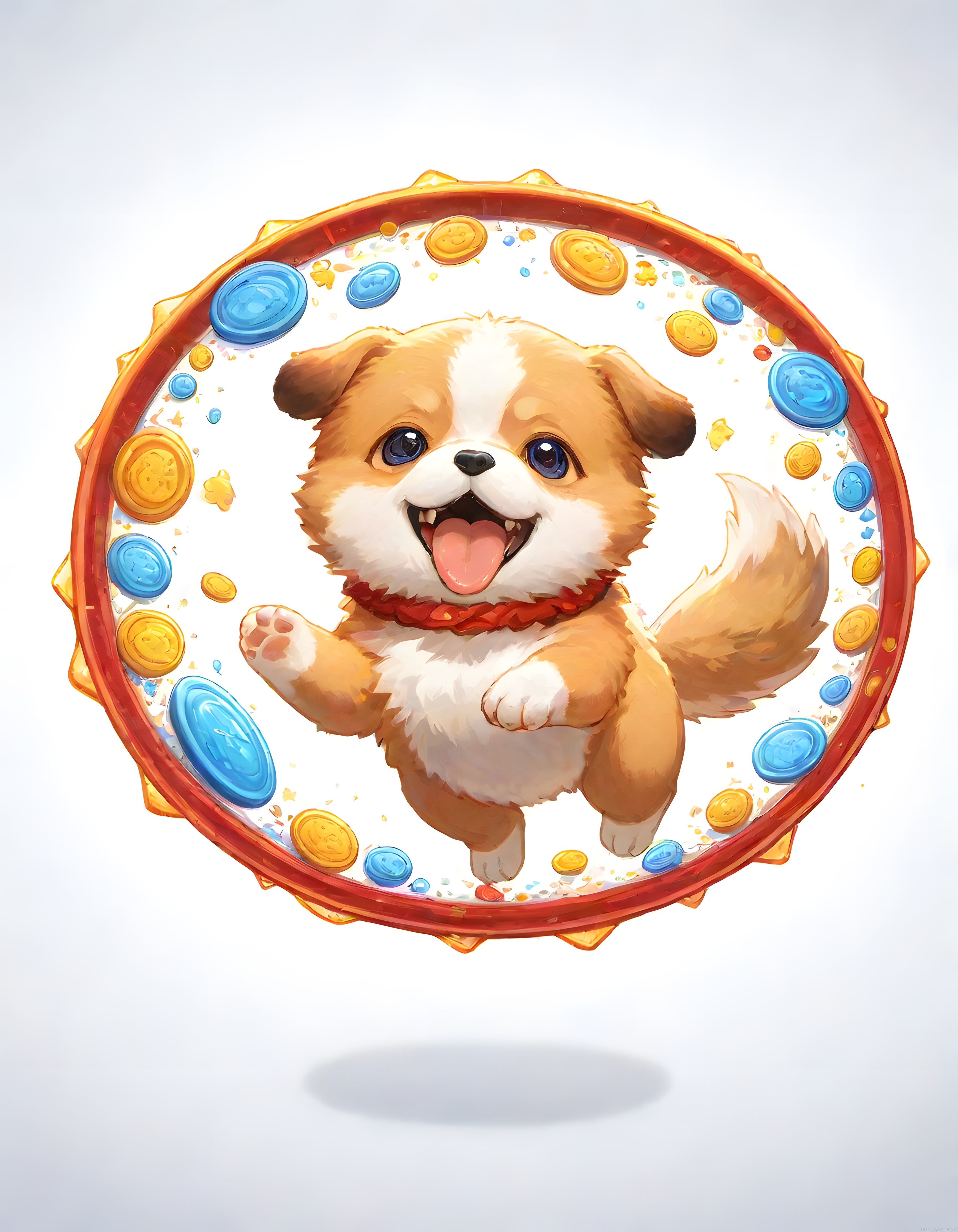 Şirin Anime Köpek Yavrusu ve Altın Sikkelerle Süslü Sihirli Daire