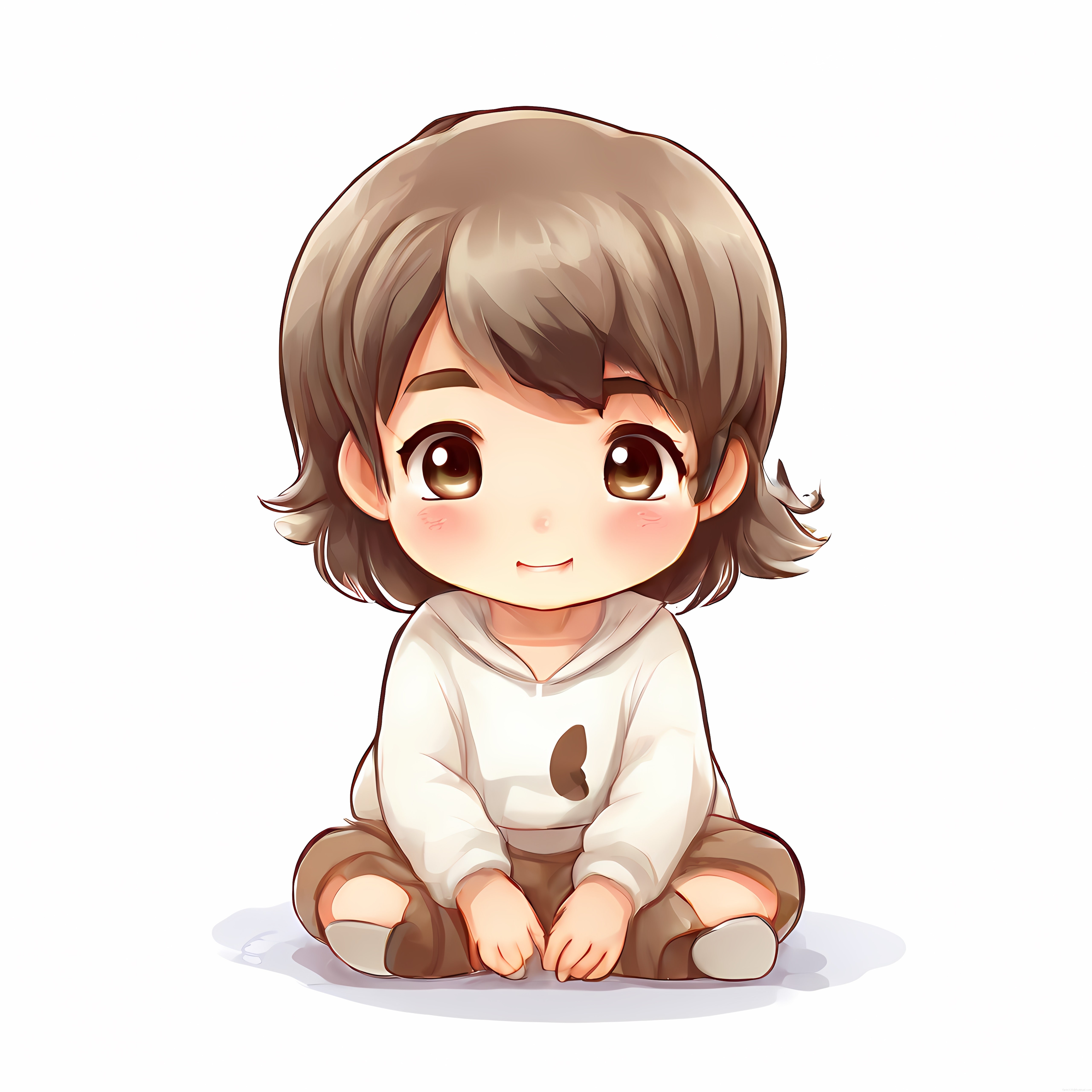Şirin Chibi Anime Karakteri: Büyük Gözleri ve Pembe Yanaklarıyla Oturan Çocuk