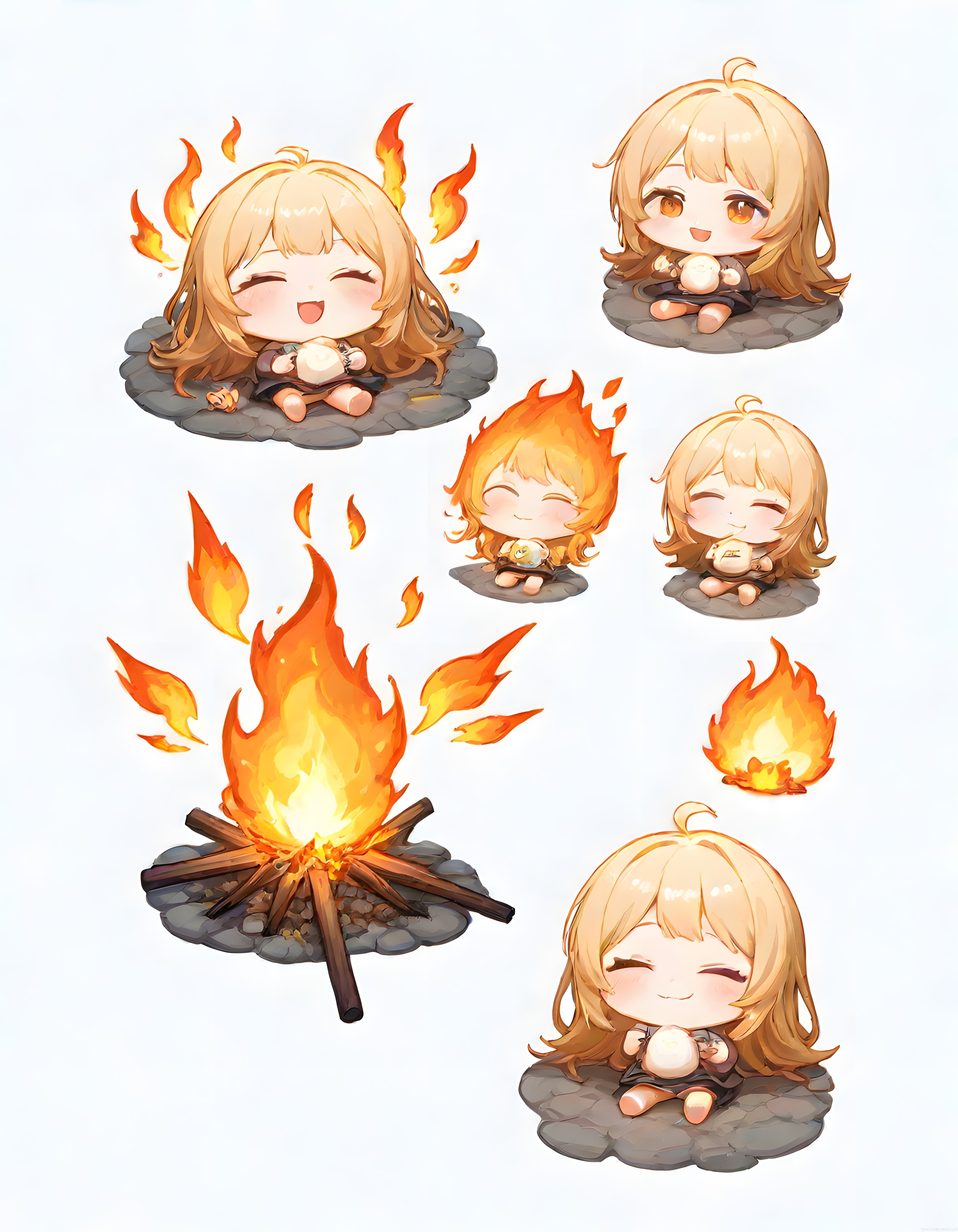 Şirin Chibi Anime Karakterleri ve Kamp Ateşi İçeren Dijital Sanat Koleksiyonu