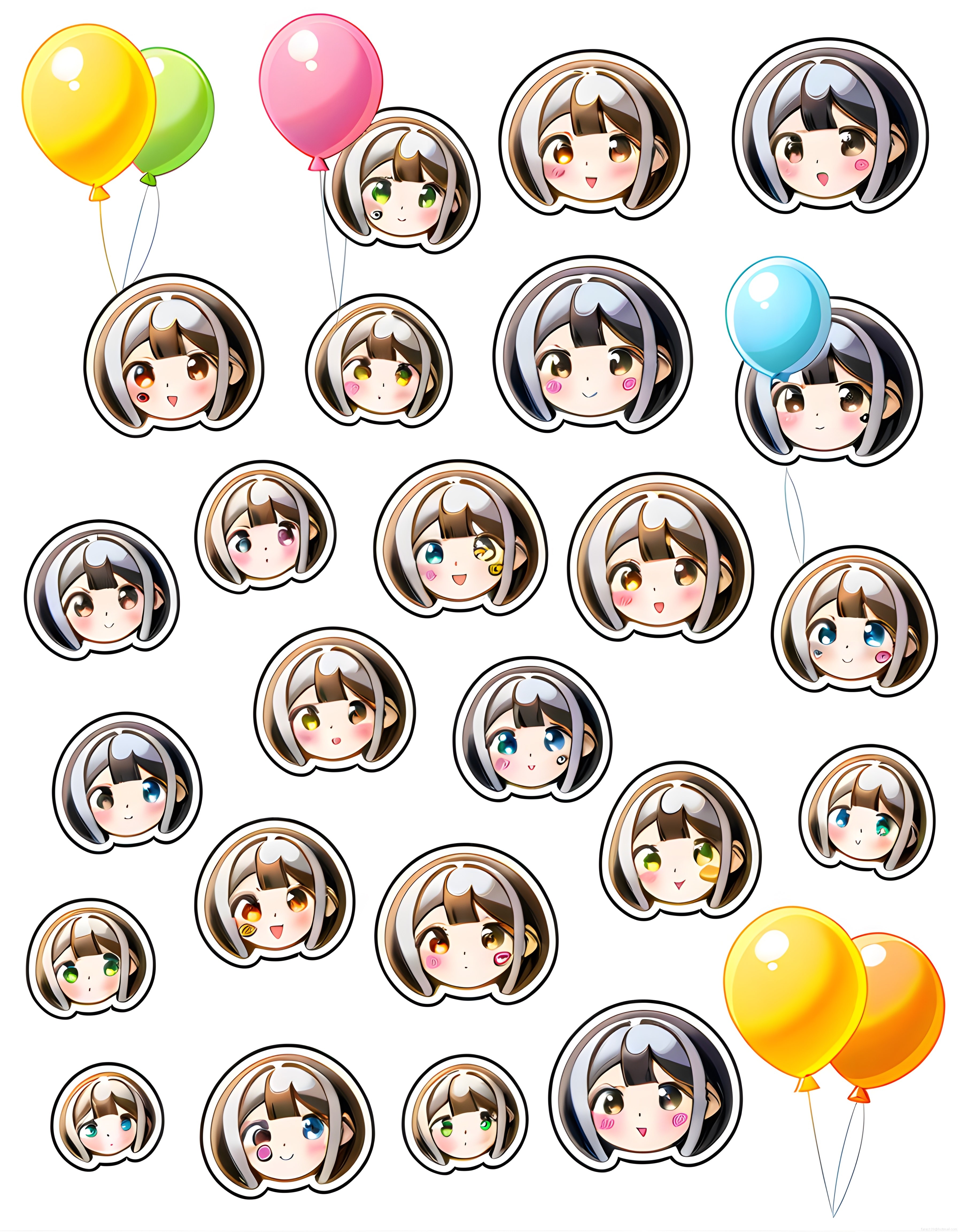 Şirin Chibi Anime Kız Yüzleri ve Balonlarla Sevimli Dijital Çıkartma Seti