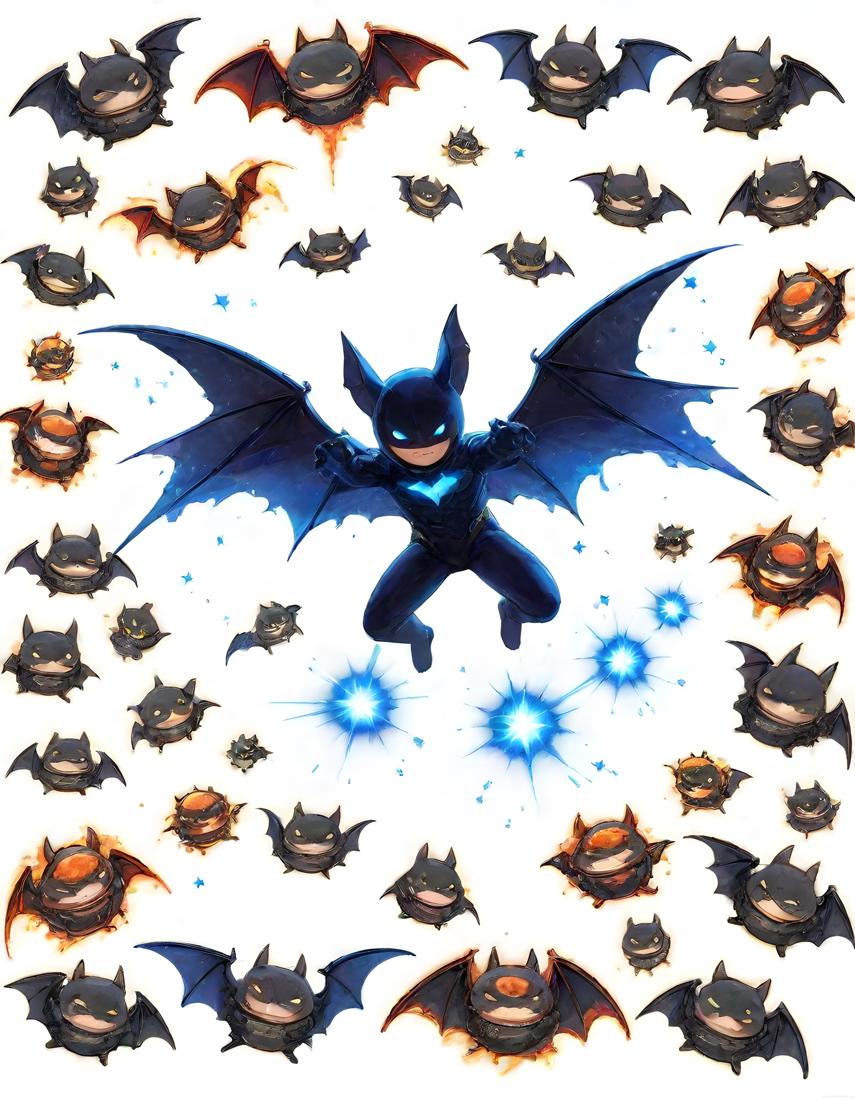 Şirin Chibi Batman ve Küçük Yarasa Dostlarının Animasyon Tarzı İllüstrasyonu