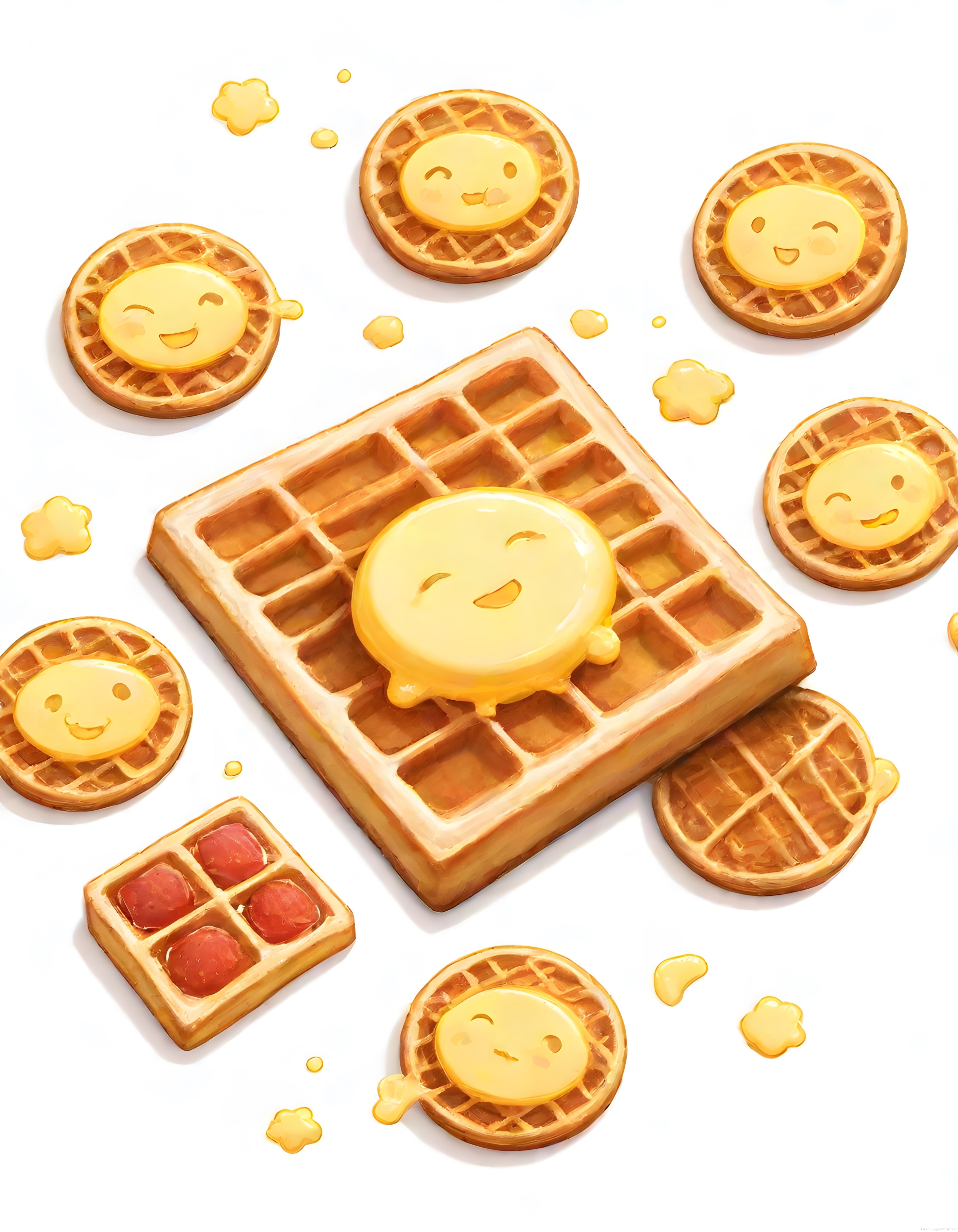 Şirin Tereyağı Karakterleri ve Waffle'ların Beyaz Zeminde Sevimli Dünyası