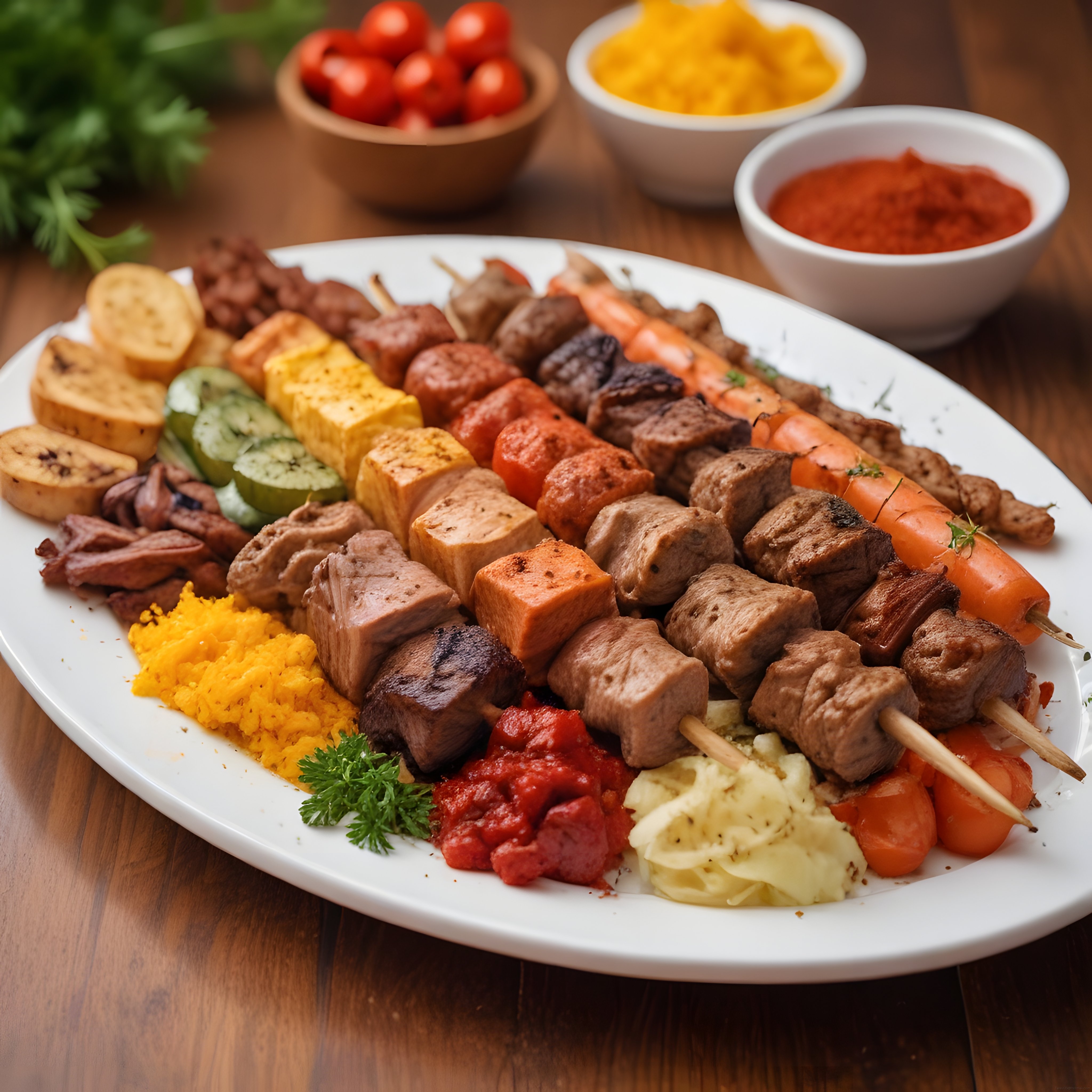 Şiş Kebap Çeşitleri, Pilav ve Patates Püresiyle Zengin Akşam Yemeği Tabağı