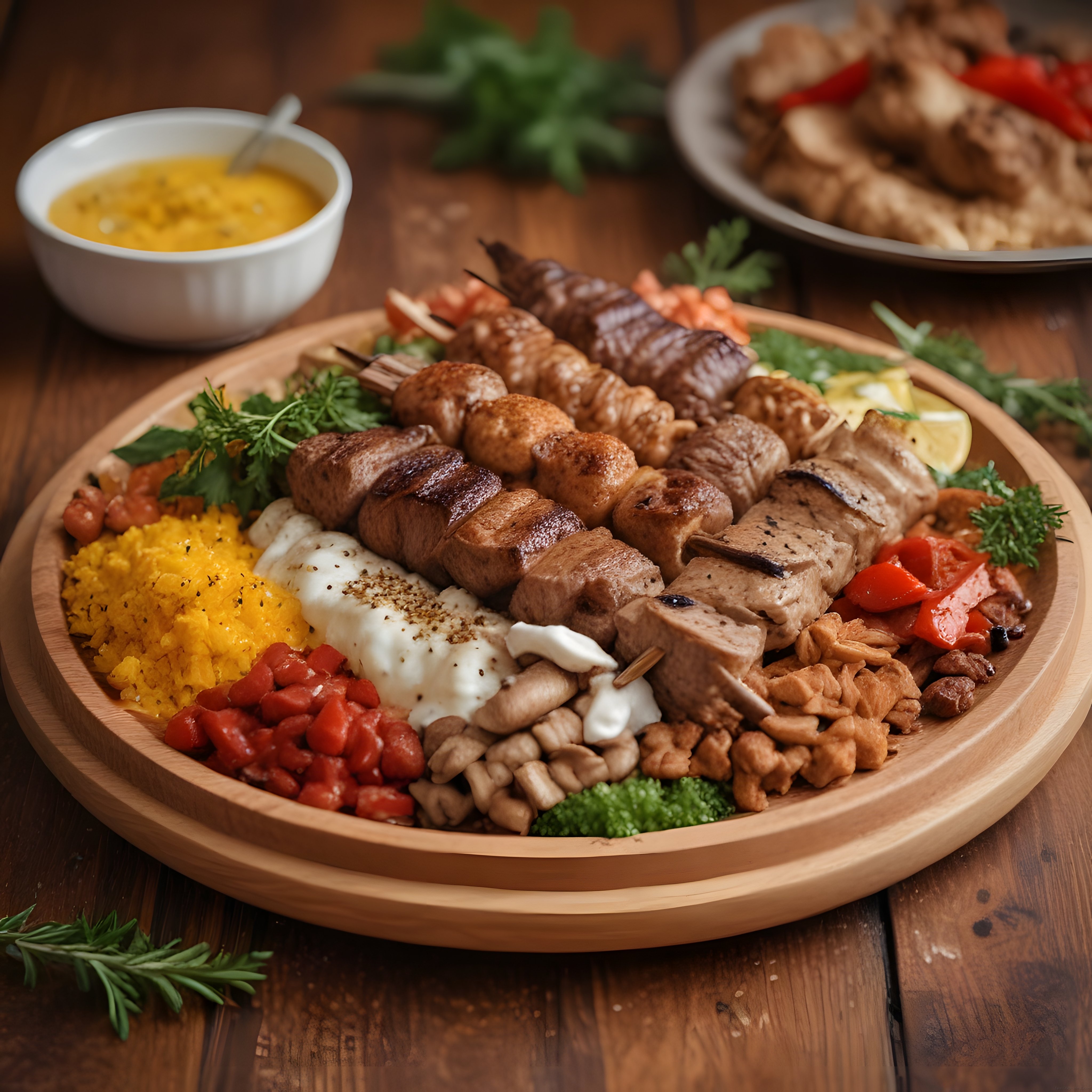 Şiş Kebap Çeşitleri ve Yan Lezzetlerle Dolu Rustik Sunum Tabağı