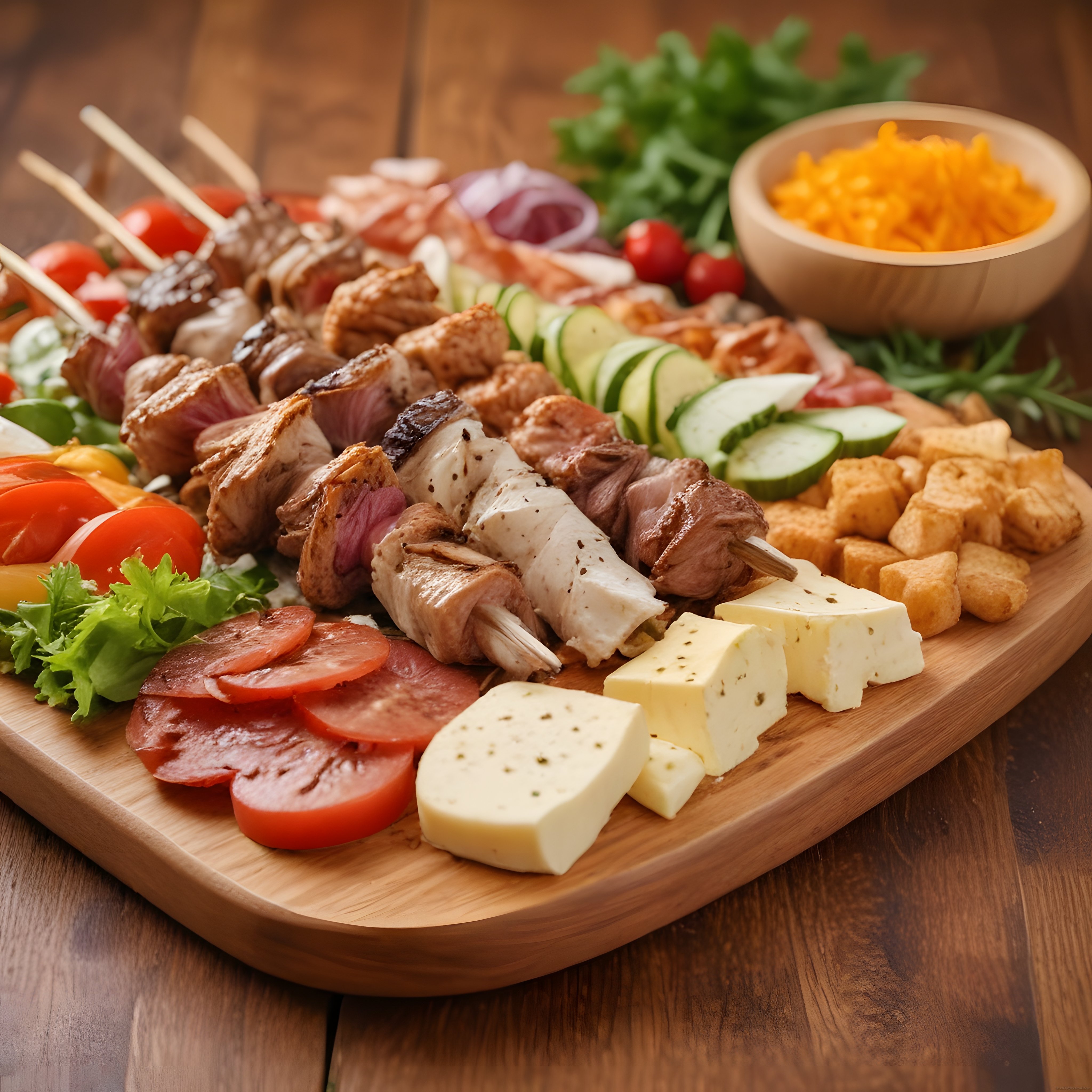 Şiş kebap, hellim peyniri ve taze sebzelerle hazırlanmış rustik ahşap sunum tahtası
