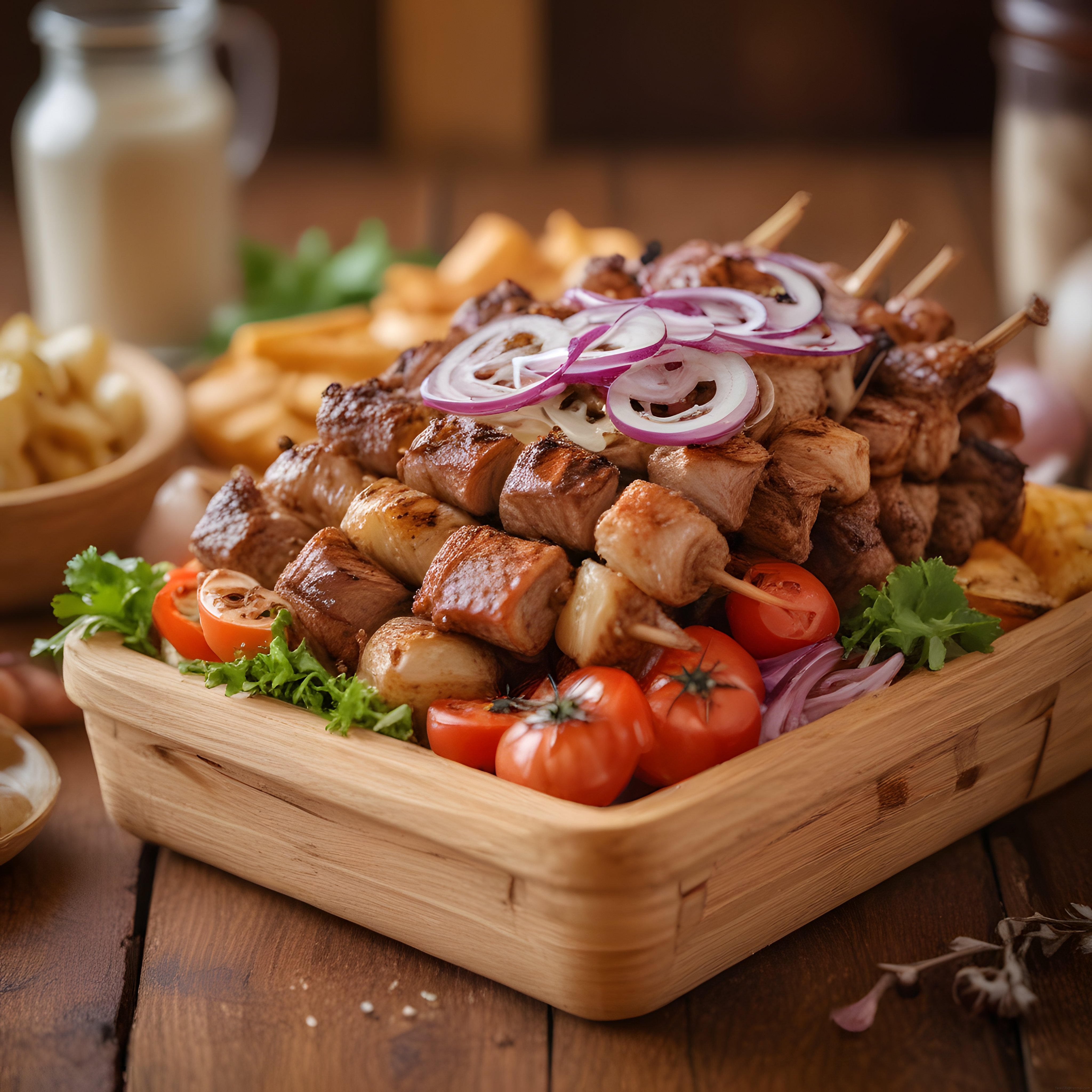 Şiş kebap, ızgara et çeşitleri ve taze sebzelerle bezeli ahşap sunum tahtası