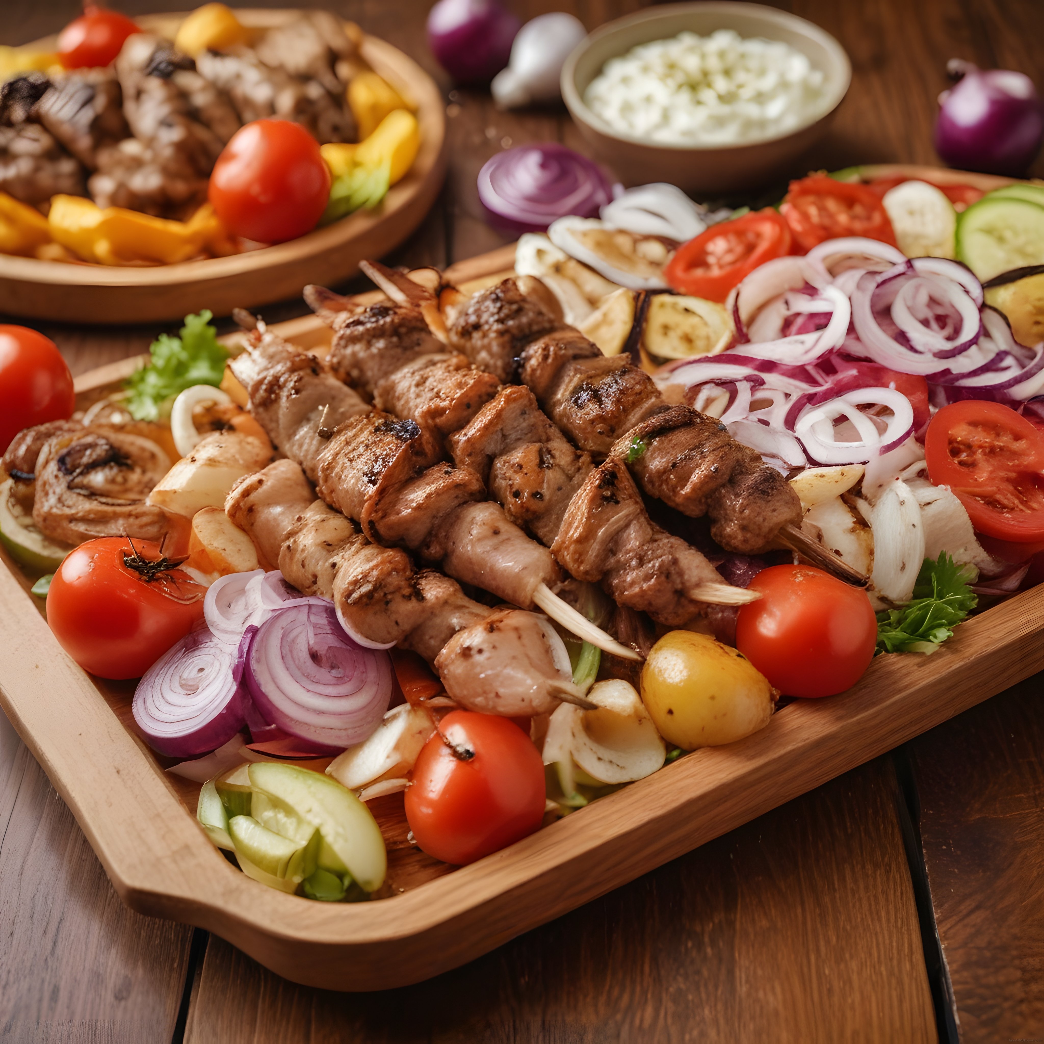 Şiş Kebap, Izgara Sebzeler ve Yoğurt Sosuyla Hazırlanan Nefis Et Sunumu