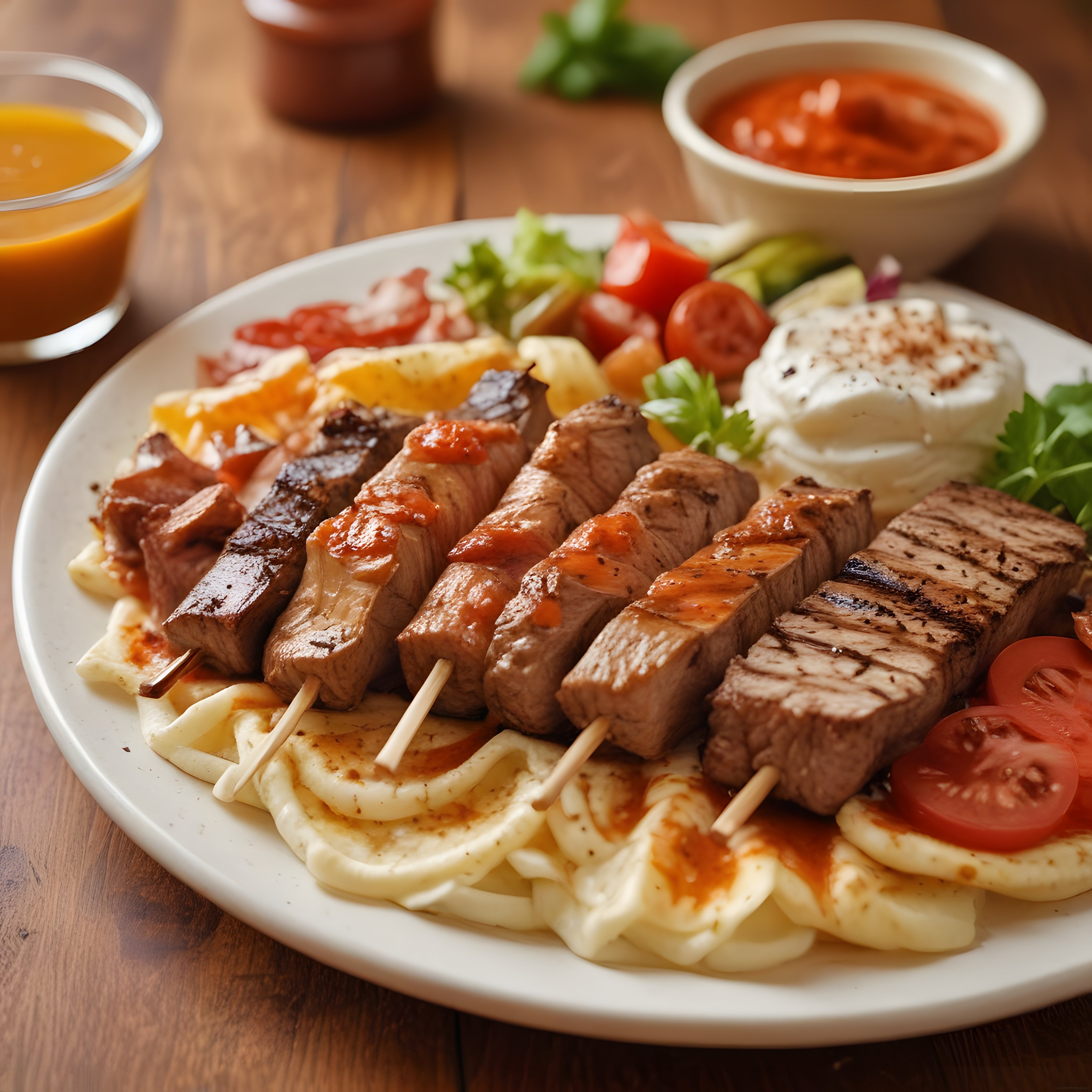 Şiş kebap, ızgarada hellim peyniri ve domates soslu nefis et yemeği sunumu