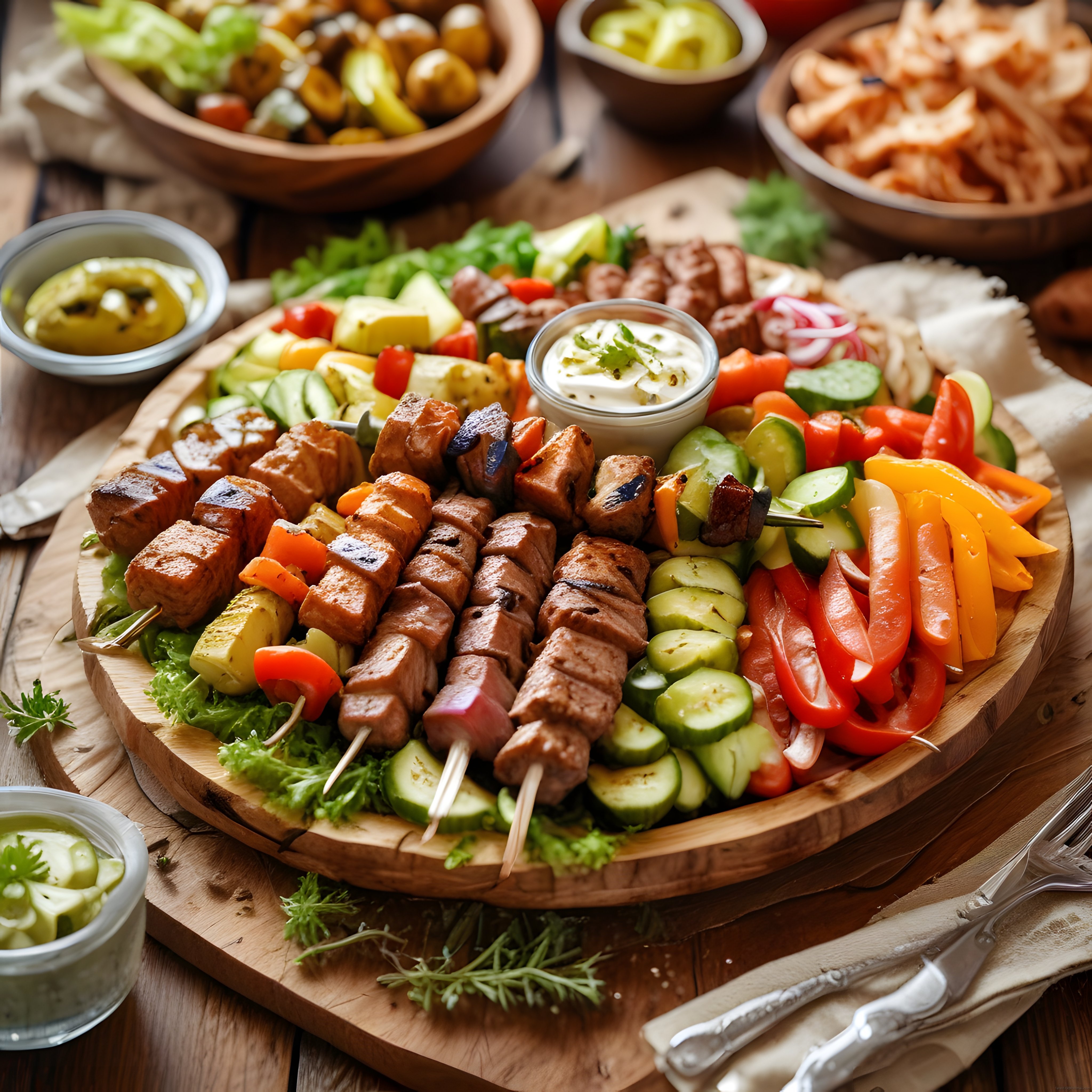 Şiş Kebap Keyfi: Ahşap Sunum Tahtasında Et ve Sebzelerle Dolu Lezzet Şöleni