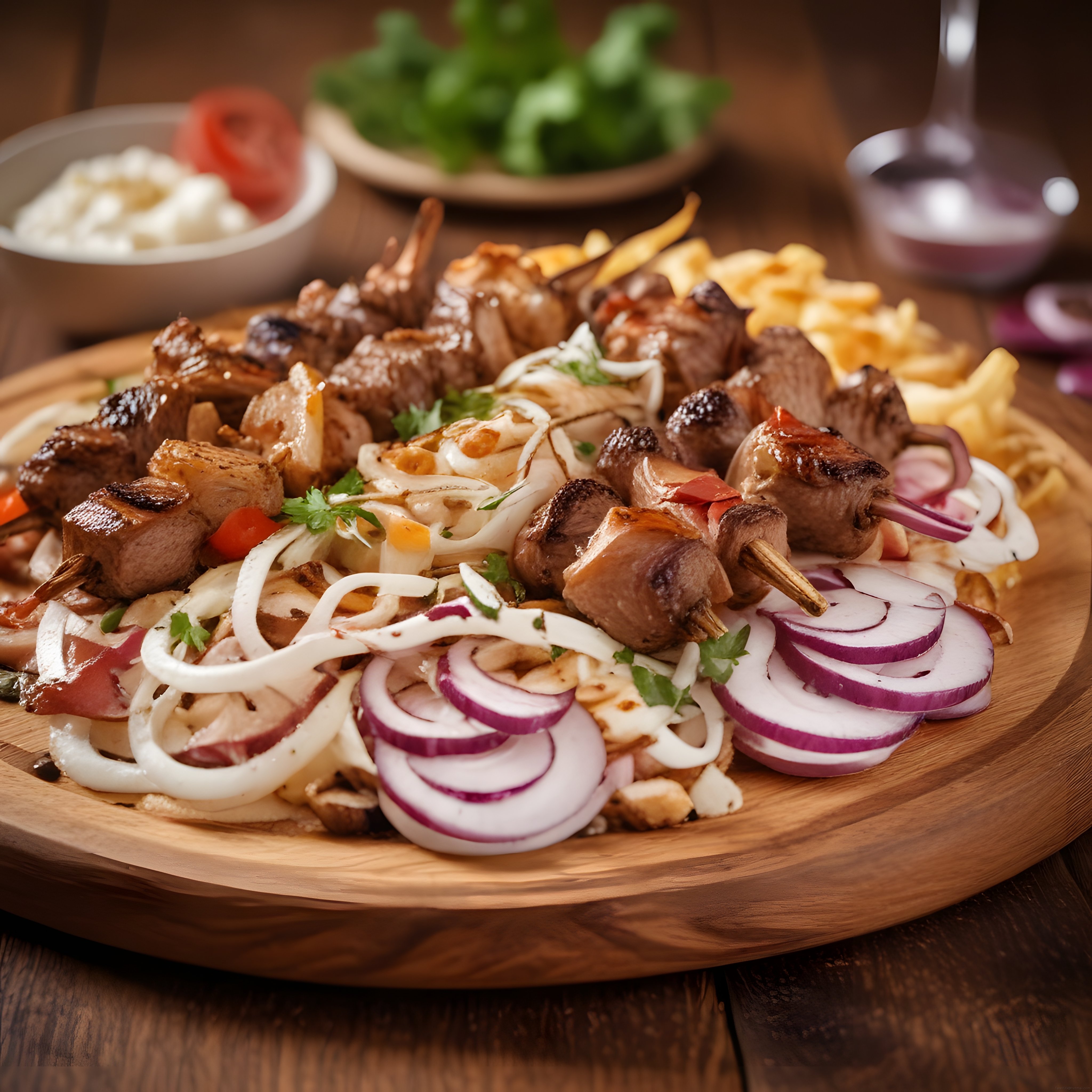 Şiş kebap, patates kızartması ve soğan halkalarıyla rustik ahşap tepsi sunumu