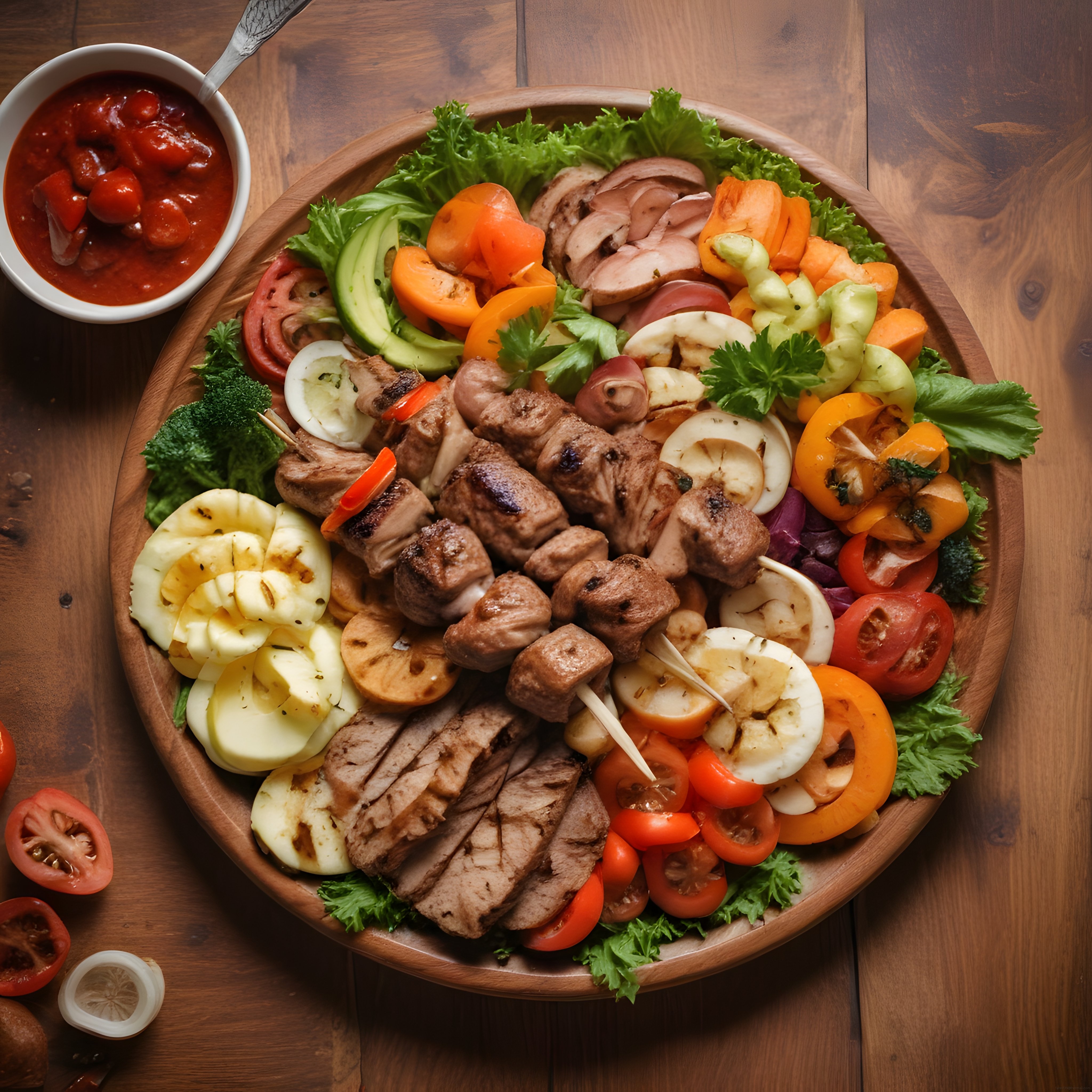 Şiş kebap ve ızgara et ile ahşap sunum tahtasında renkli sebze düzenlemesi